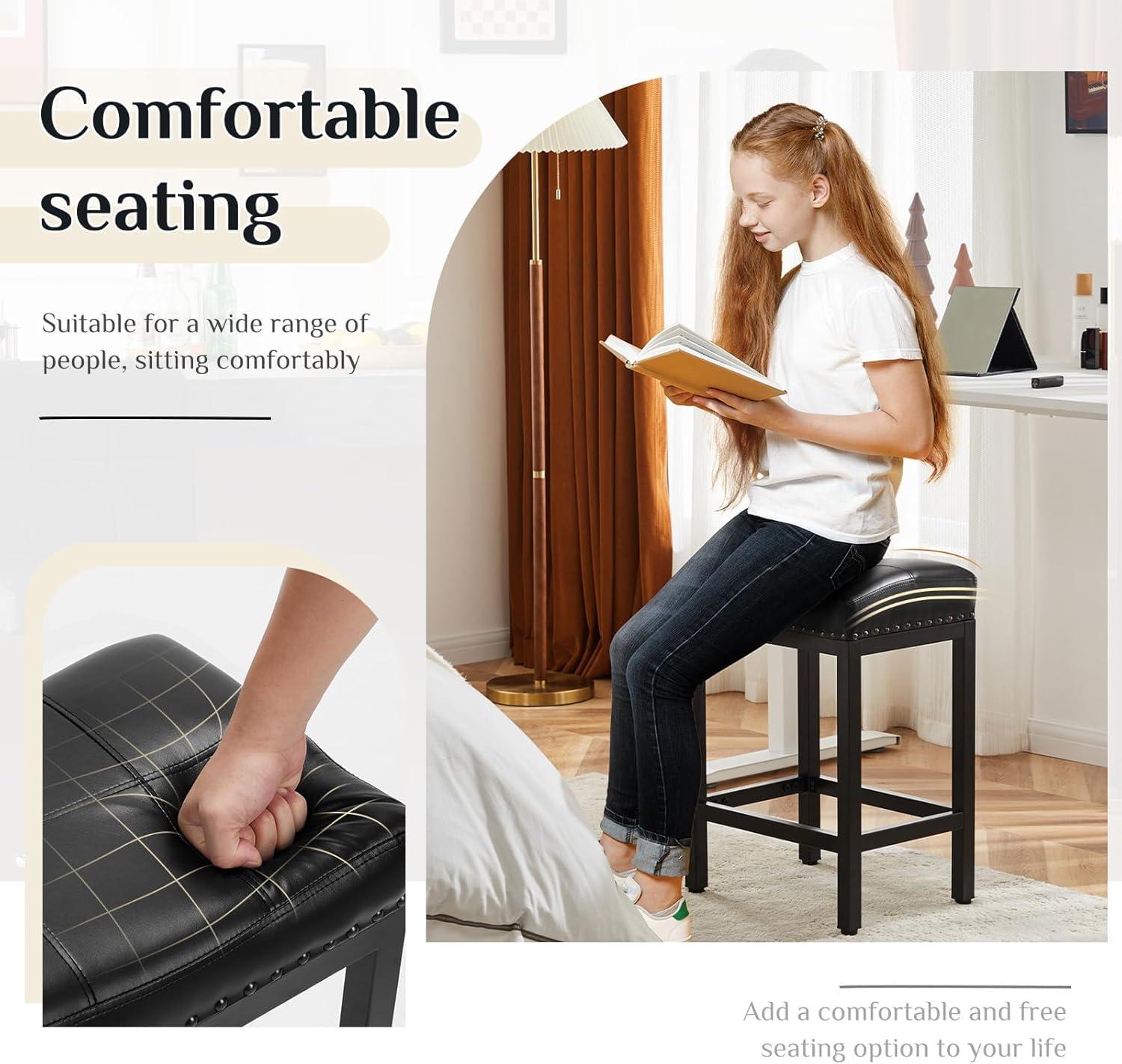 Sweetcrispy Counter Bar Stools Set of 4, 24 Inch Barstools for Kitchen Island, Upholated PU Leather Kitchen Chairs with Thick Saddle Seat & Metal Base and Footrest, Black - Image 6