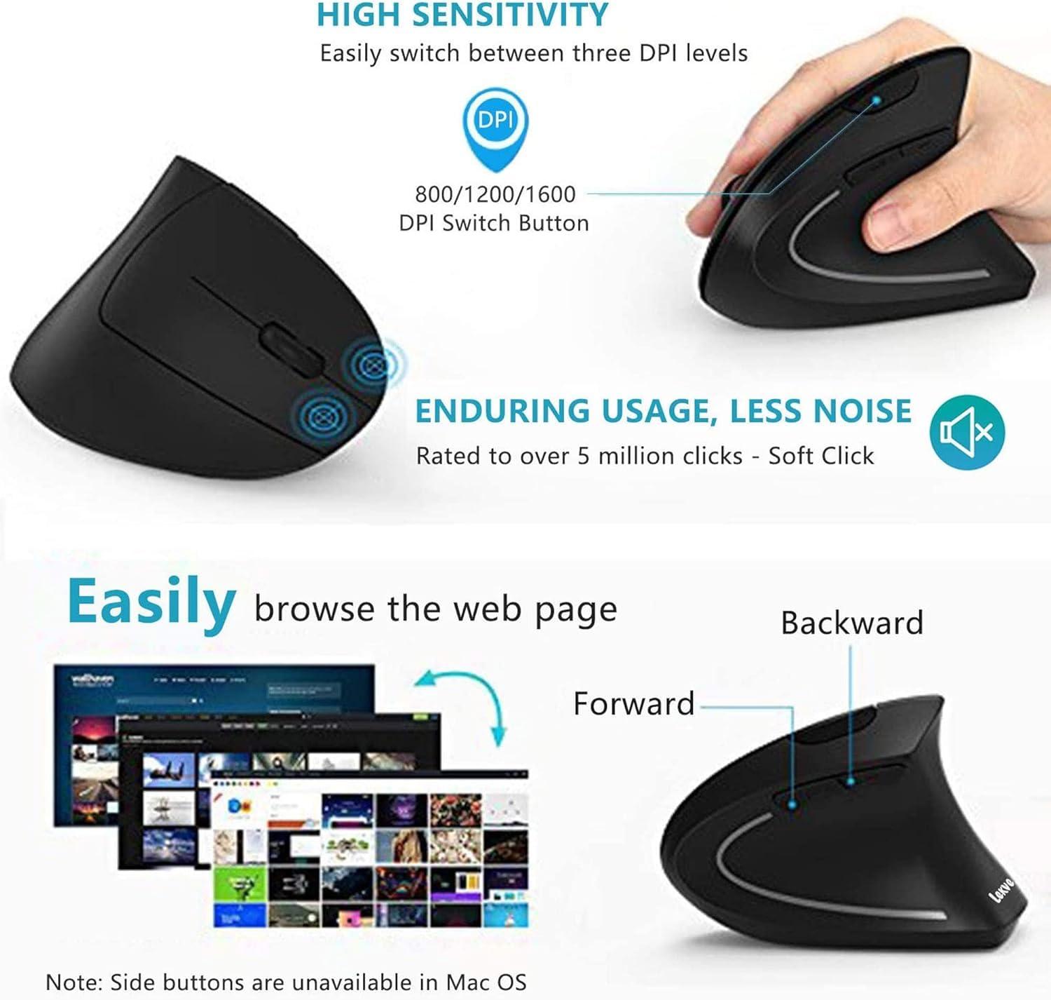 Lekvey Ergonomic Mouse, Vertical Wireless Mouse - Rechargeable 2.4GHz Optical Vertical Mice : 3 Adjustable DPI 800/1200/1600 Levels 6 Buttons, for Laptop, PC, Computer, Desktop, Notebook etc, Black - Image 5