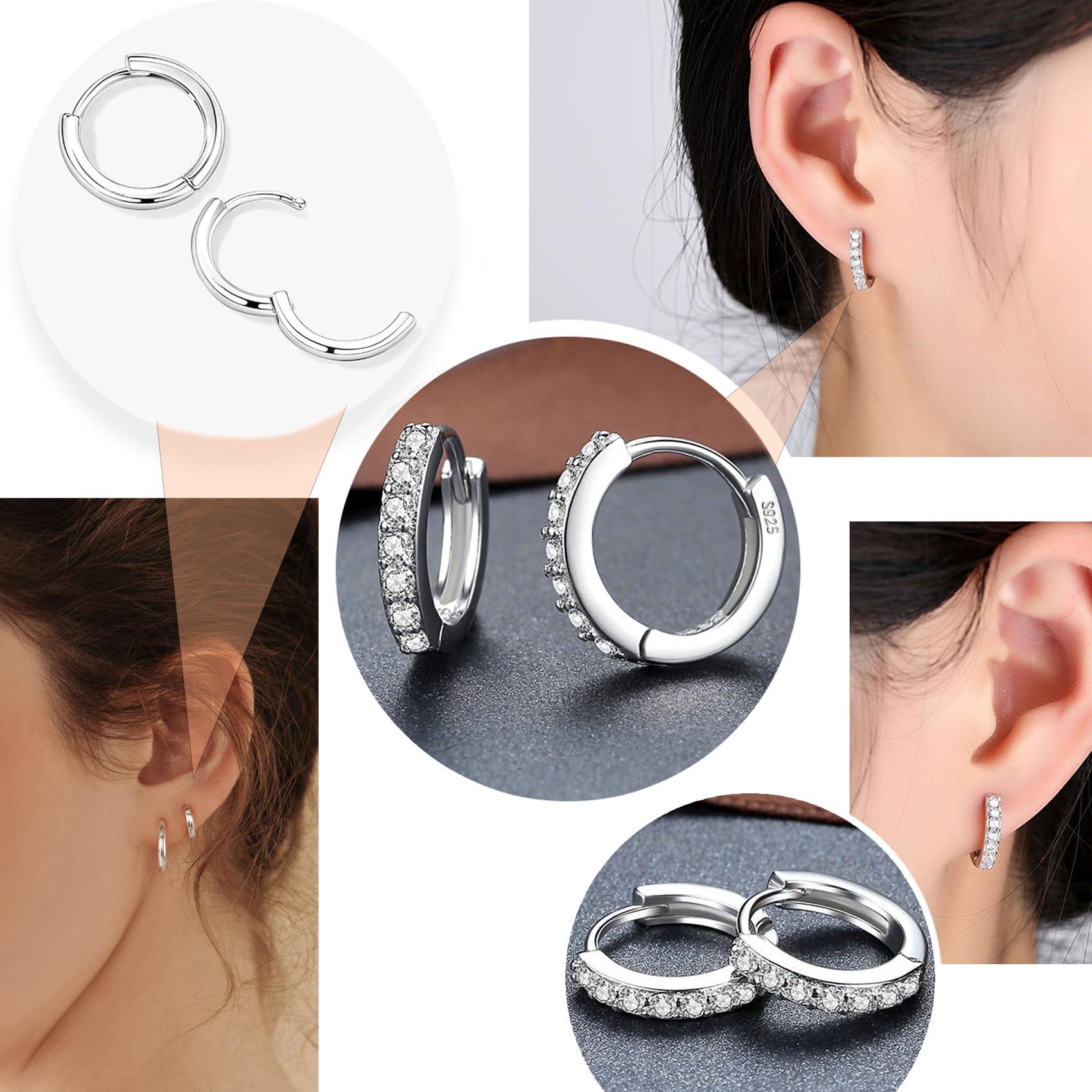Surgical Steel Flat Back Earrings Set for Multiple Piercing Sensitive Ears,Sterling Silver Hypoallergenic Small Cartilage Huggie Hoop Earrings Titanium Tiny CZ Pearl Opal Stud Earrings for Women - Image 4