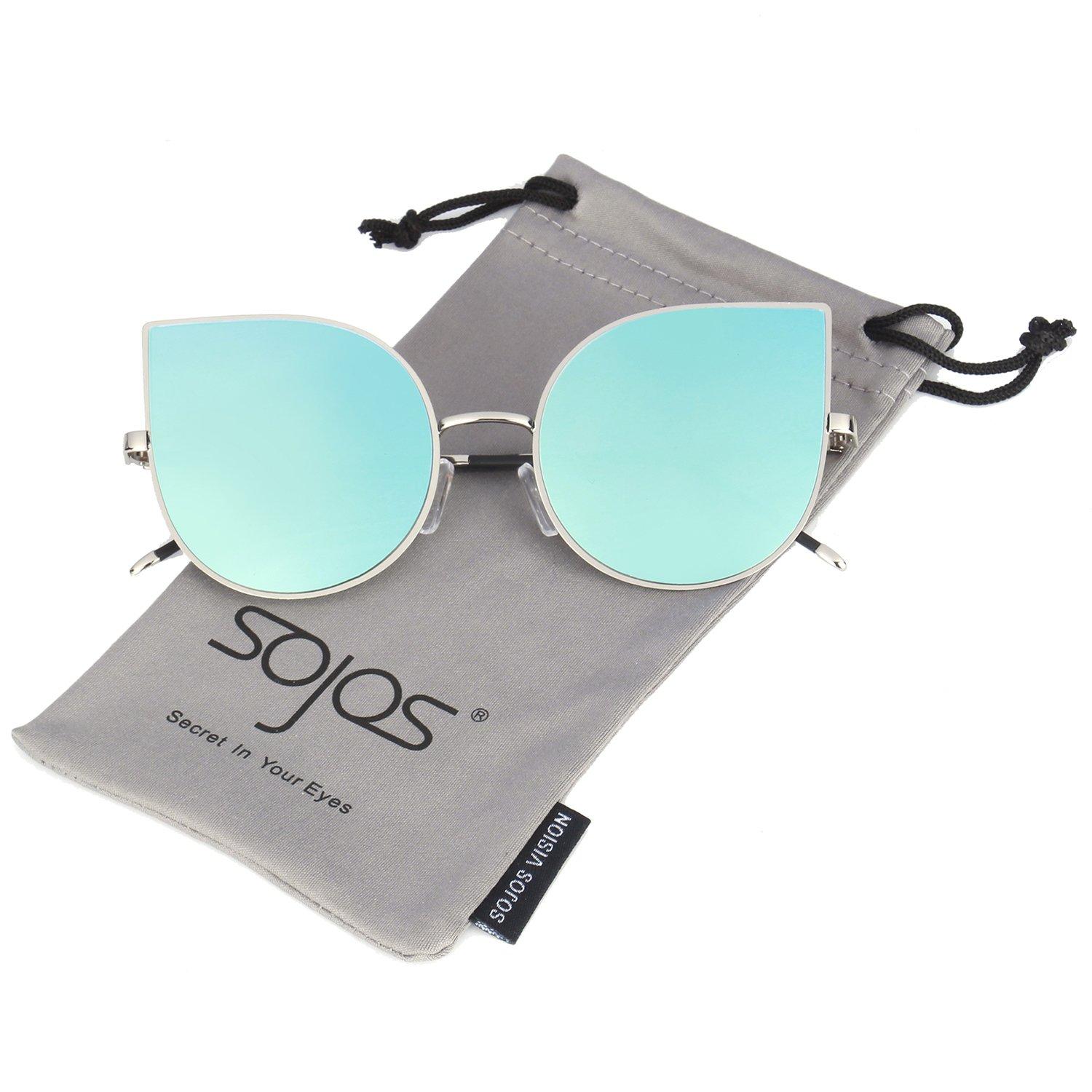 SOJOS Cat Eye Mirrored Flat Lenses Ultra Thin Light Metal Frame Women Sunglasses SJ1022