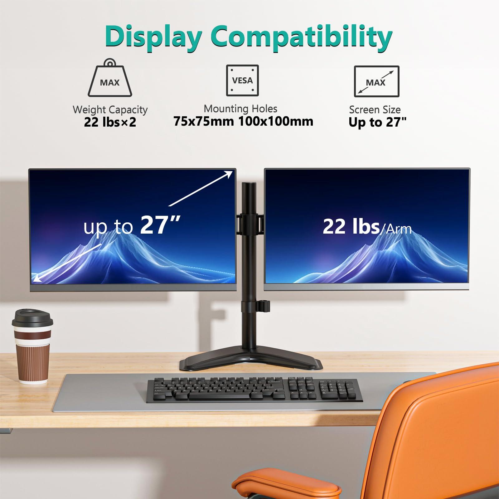 WALI Dual Monitor Stand for Desk, Monitor Stands for 2 Monitors up to 27 inch, Dual Monitors Mount Fits up to 22lbs, Free Standing Full Motion Dual Monitors Arm for Desk (MF002), Black - Image 2