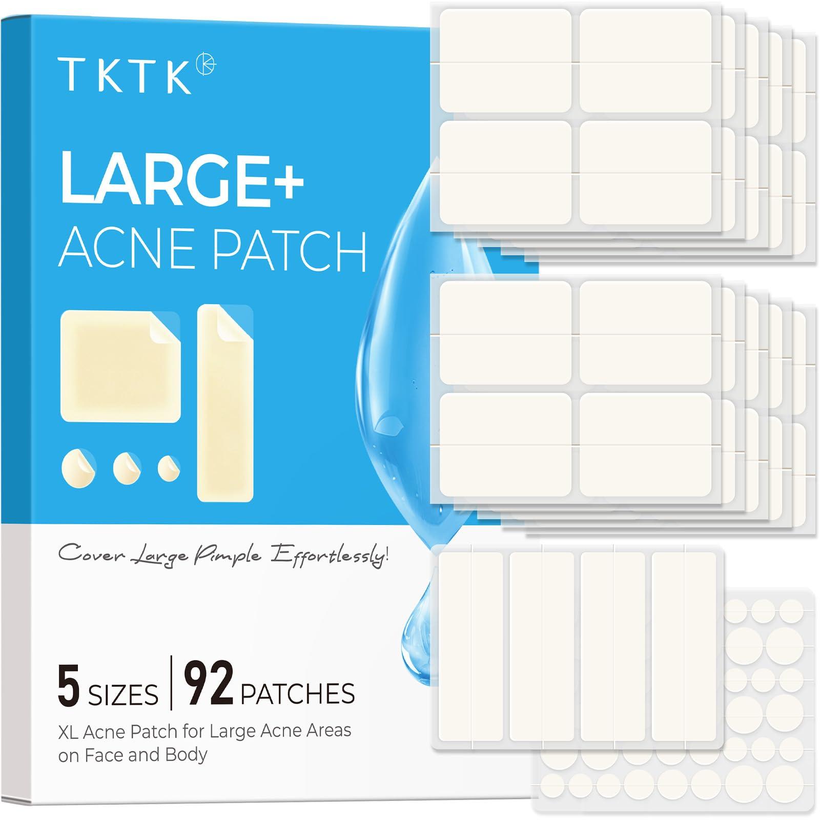 TKTK Large Pimple Patches (5 Sizes, 92 Patches), Hydrocolloid Acne Patches, XL Zit Patches for Face, Forehead, Chin, Nose, Body, Back, Chest, Rectangular, Square, and Dot Hydrocolloid Bandages - Image 1