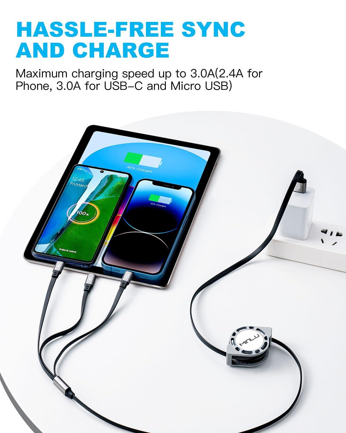 Multi Charging Cable 3A, [2Pack 4ft] Retractable Multi Charging Cord 3 in 1 Fast Charger Cord, Multi Charger Adapter with Lightning/Type C/Micro USB Ports for Cell Phones/iPhone/Samsung/PS/Tablets - Image 2