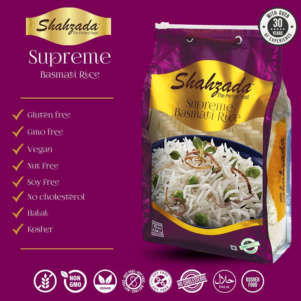Shahzada Supreme Basmati Rice 10 Lbs – Extra Long Grain, Non-Sticky, Non GMO, Vegan, Gluten Free, No Cholesterol, Low Sodium, Zip-Lock Bag, Parboiled - Image 4