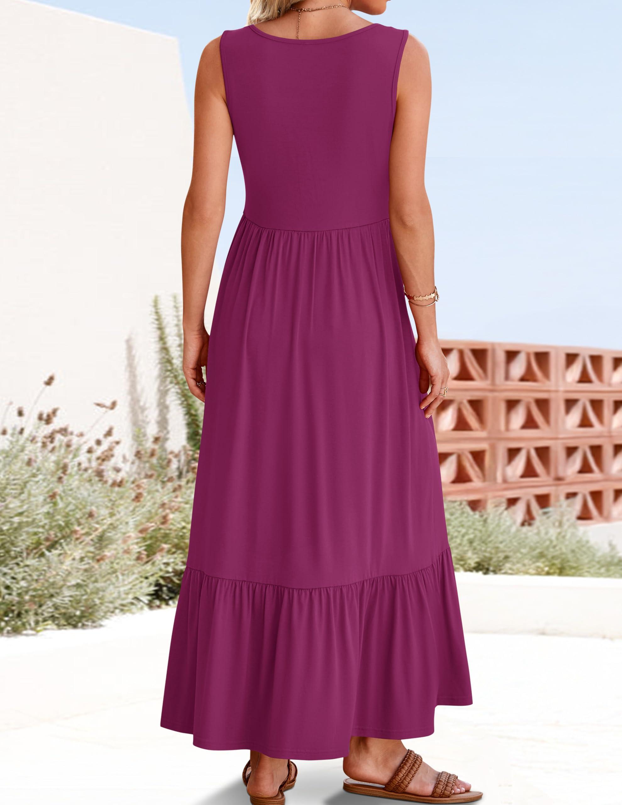 ZESICA Women's 2025 Summer Sleeveless Dress Square Neck Pleated Swing Casual Maxi Dresses with Pockets - Image 4