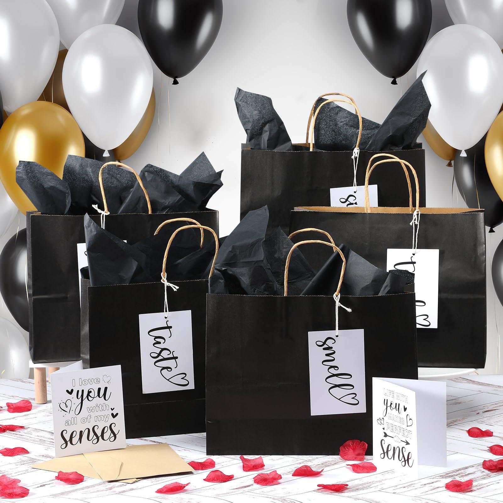 Kolldenn 5 Senses Gift Tags Kraft Paper Bag Set for Husband Wife 5 Sense Gift Bags Tissue Paper Greeting Card label for Him Her Couple Valentine Christmas(12.6 x 4.3 x 9.8 Inch,Black) - Image 5
