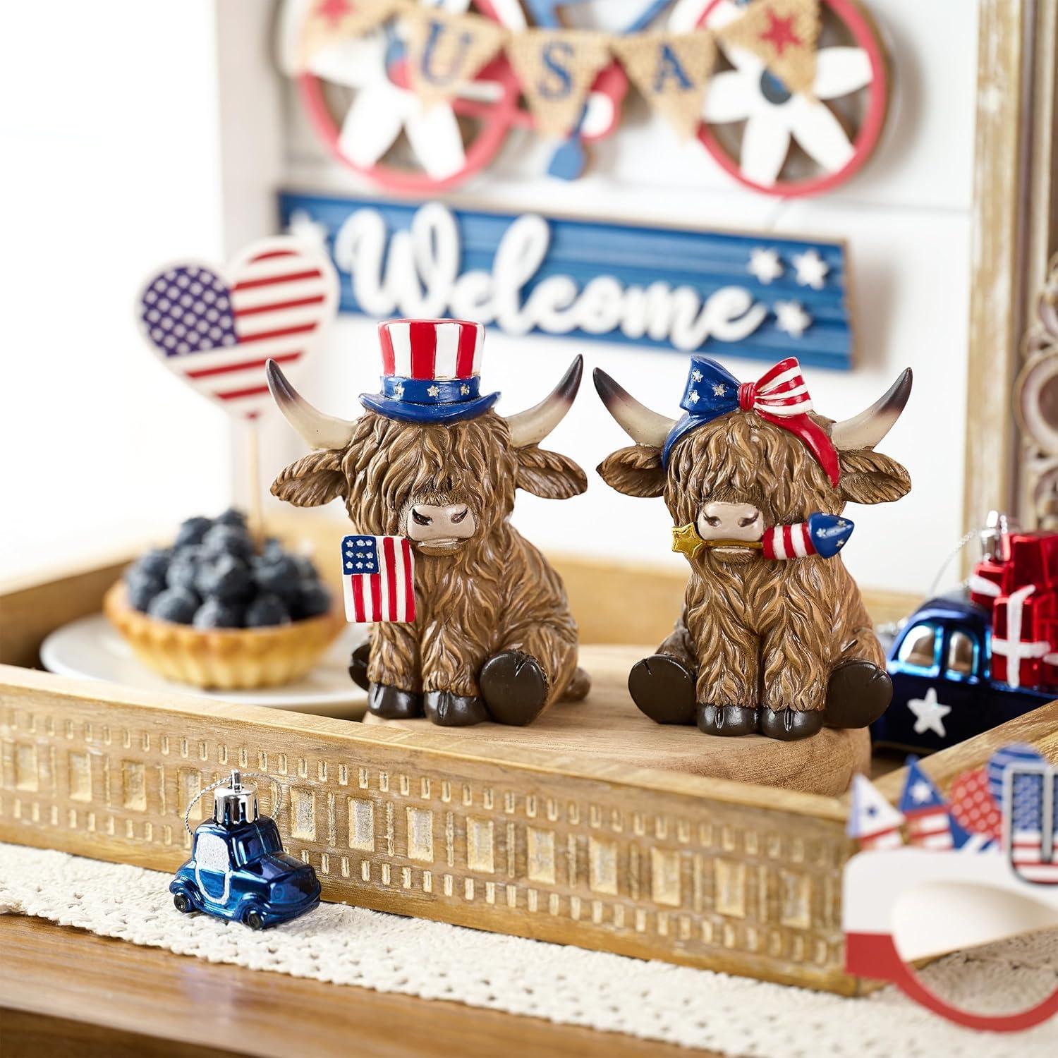 4th of July Decorations, Highland Cow Patriotic Decoration, High Mountain Yak Figurines Garden Outdoor Yard Decorations, Memorial Day Independence Day Home Decor (A + B - Large) - Image 5