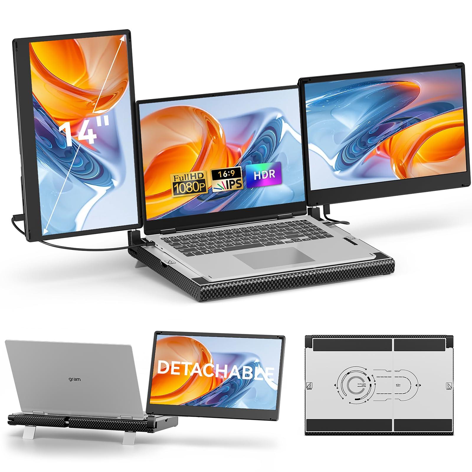 14" Laptop Screen Extender Smart Base - Upgraded Triple Portable Monitor FHD 1080P -300% More Efficient, 360° Rotation/Detachable Dual Display, Plug-Play USB C/HDMI,Laptop Monitor Extender for Win/Mac