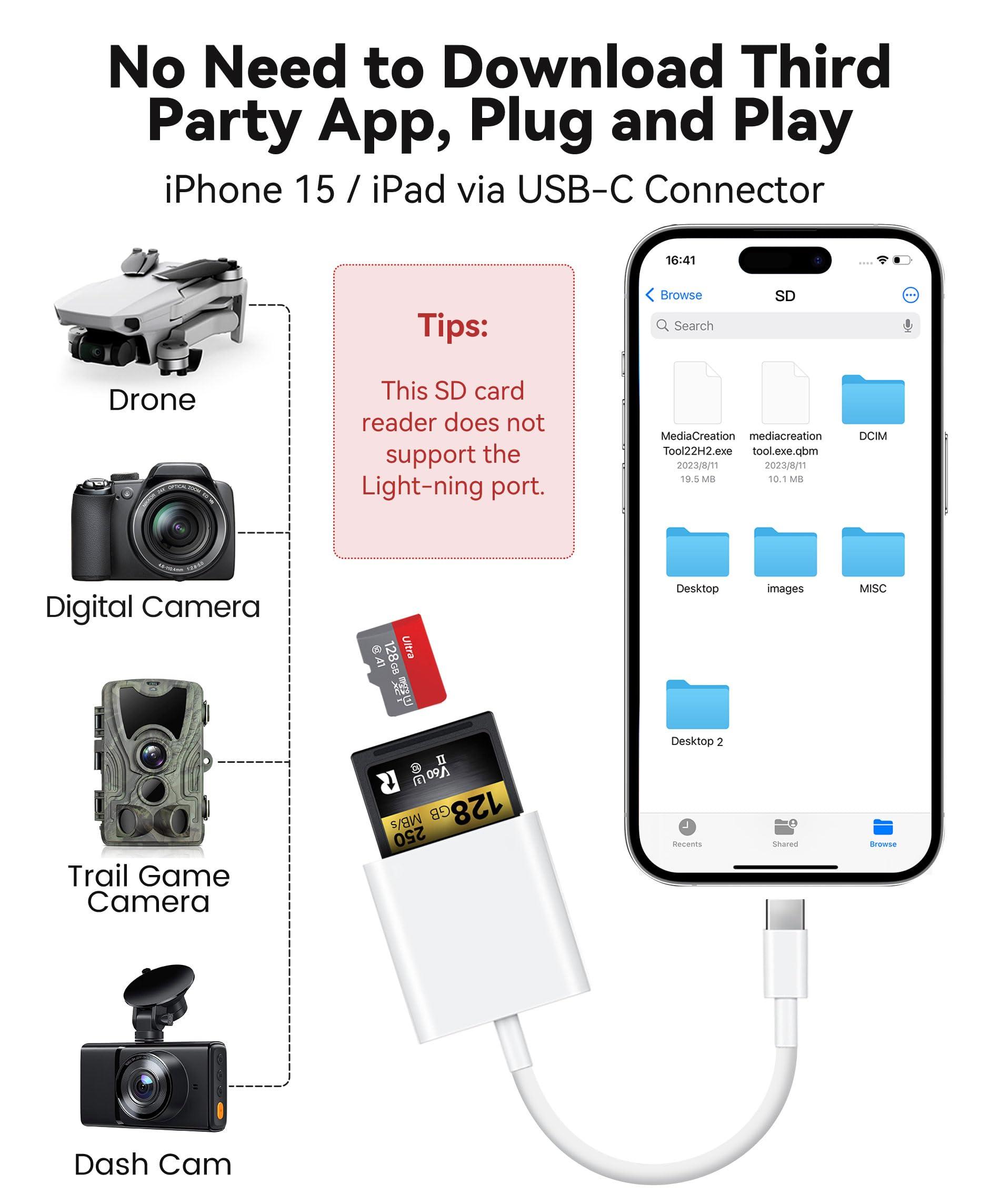 USB C SD Card Reader for iPhone 15 16/iPad/MacBook/Mac, xdgeLoad USB-C Type C SD Reader Supports SD and MicroSD Memory Card Adapter, Trail Camera Viewer Plug and Play - 2 Slots - Image 3