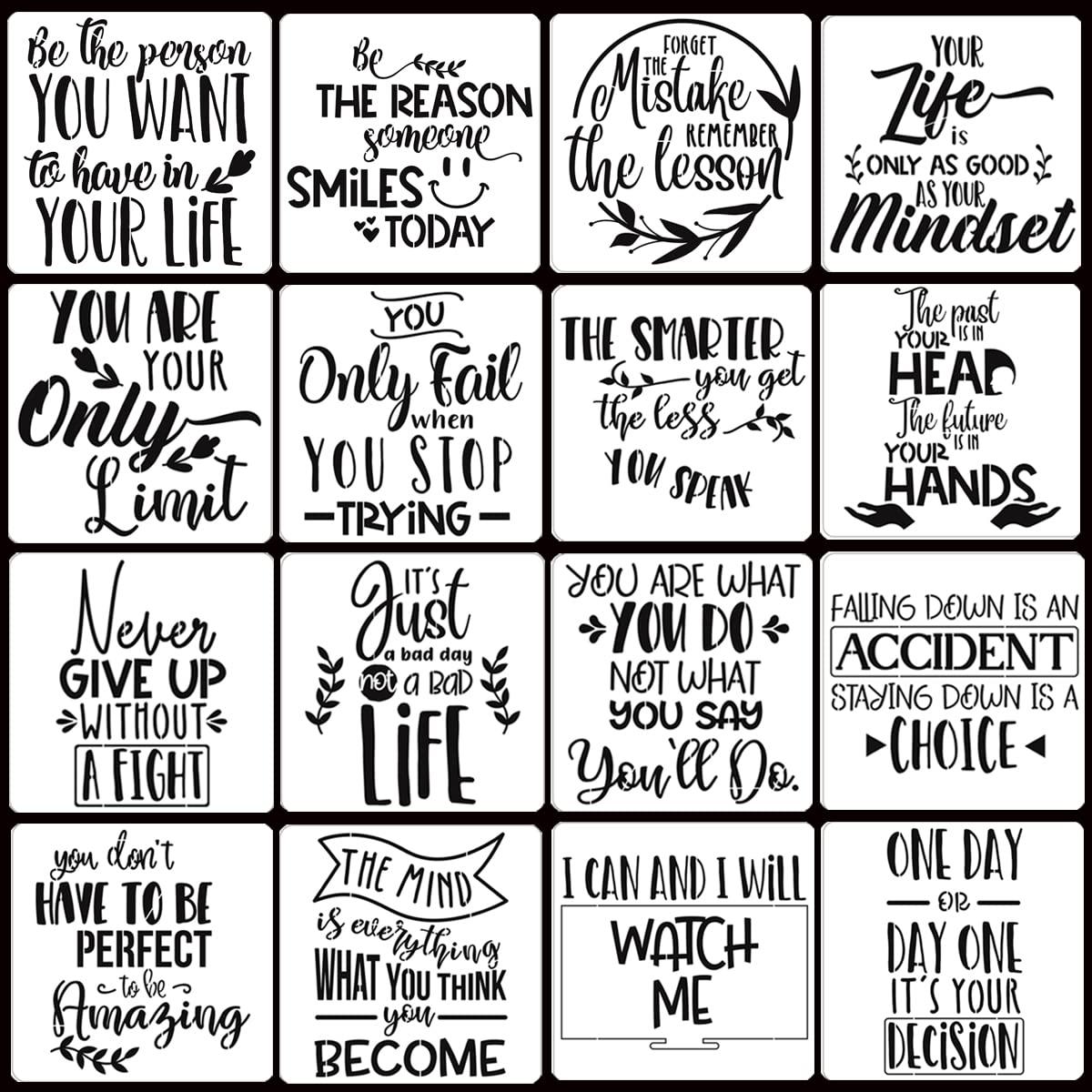 16 Pcs Inspirational Word Stencils, Quote & Phrase Sayings Templates, Craft Stencils for Painting on Wood, Wall, Canvas, Fabrics, Paper & Home Signs - Reusable 7.87 x 7.87 Inches