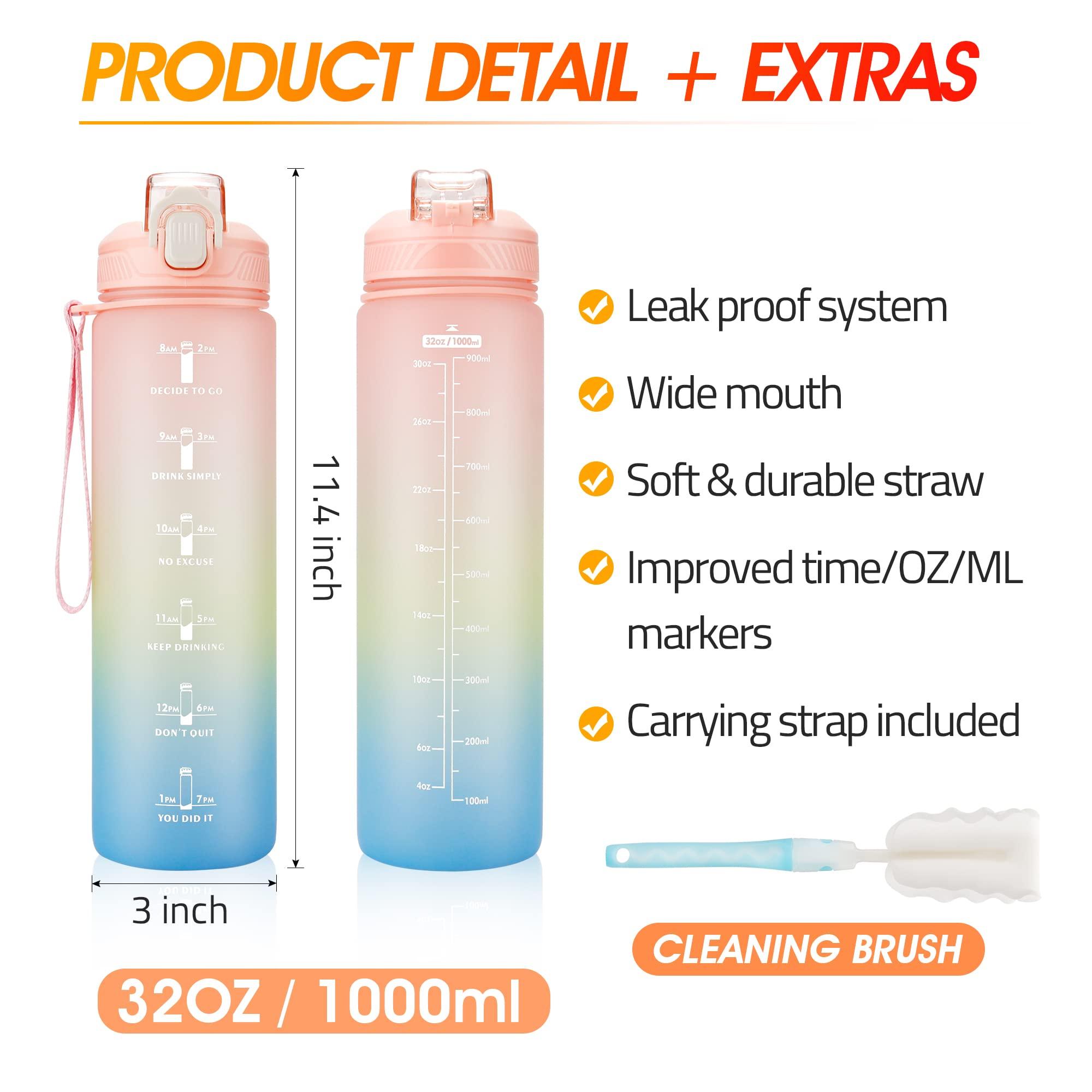 YC Kitchen Motivational Water Bottle with Time Marker- 32oz Water Bottles with Times to Drink, Leakproof & BPA Free Sports Water Bottle with Straw & Carry Strap for Fitness, Gym, and Outdoor Sports - Image 2