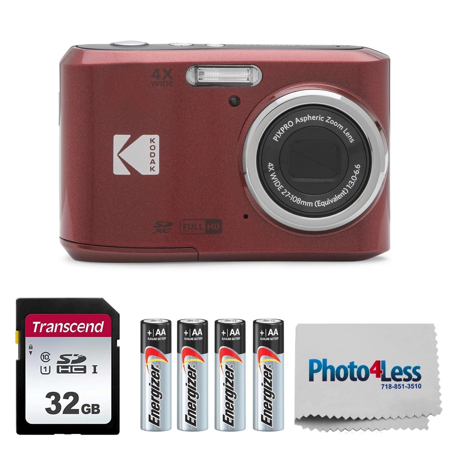 KODAK PIXPRO FZ45 16MP Digital Camera with 4X Optical Zoom 27mm Wide Angle and 2.7" LCD Screen Bundle with 32GB SD Memory Card, AA Batteries (4 Pack), Lens Cleaning Cloth (Red)