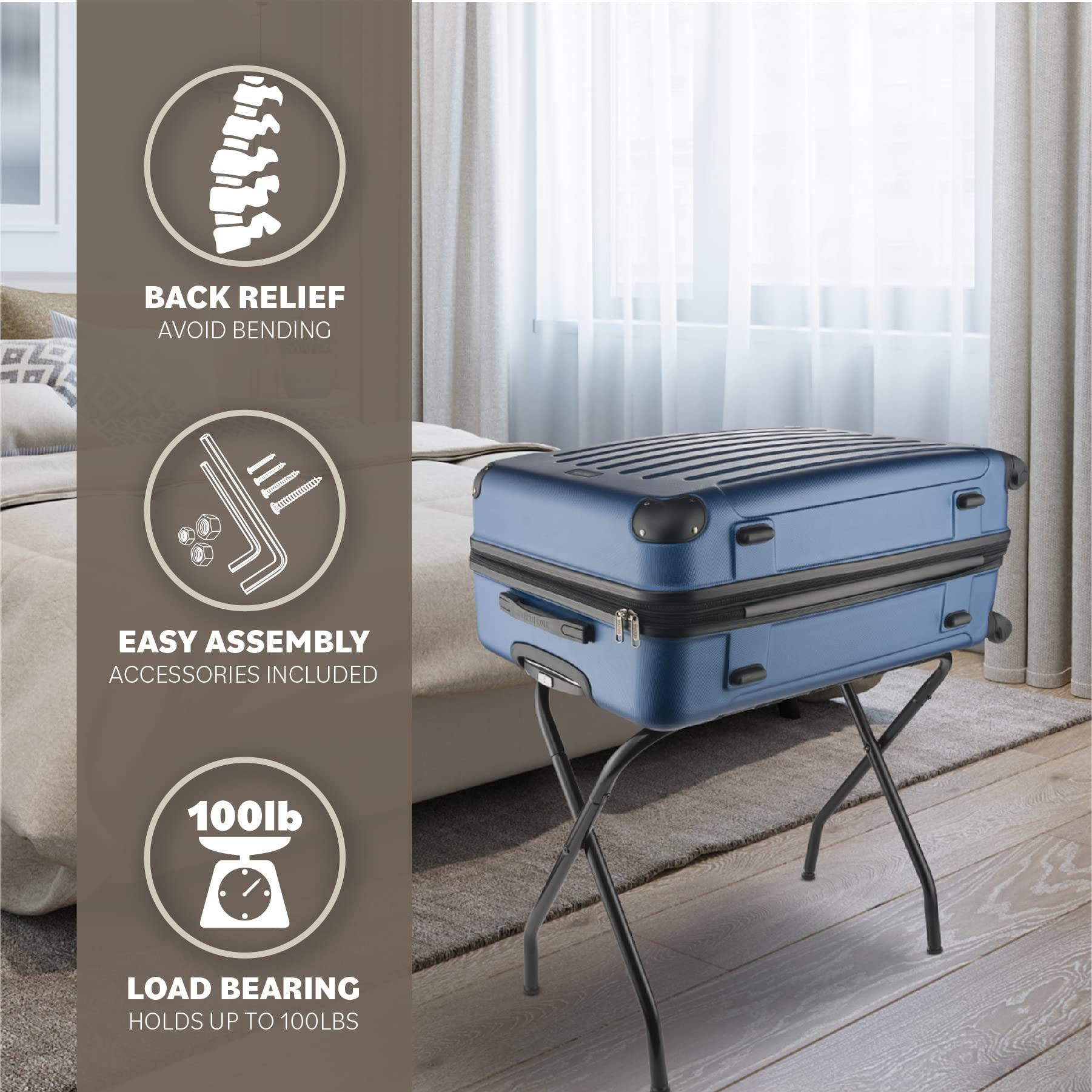 Bartnelli 2-Pack Folding Luggage Rack Collapsible Metal Suitcase Stand with Durable Black Nylon Straps- for Bedroom, Guest Room, or Hotel (Black Steel) - Image 4