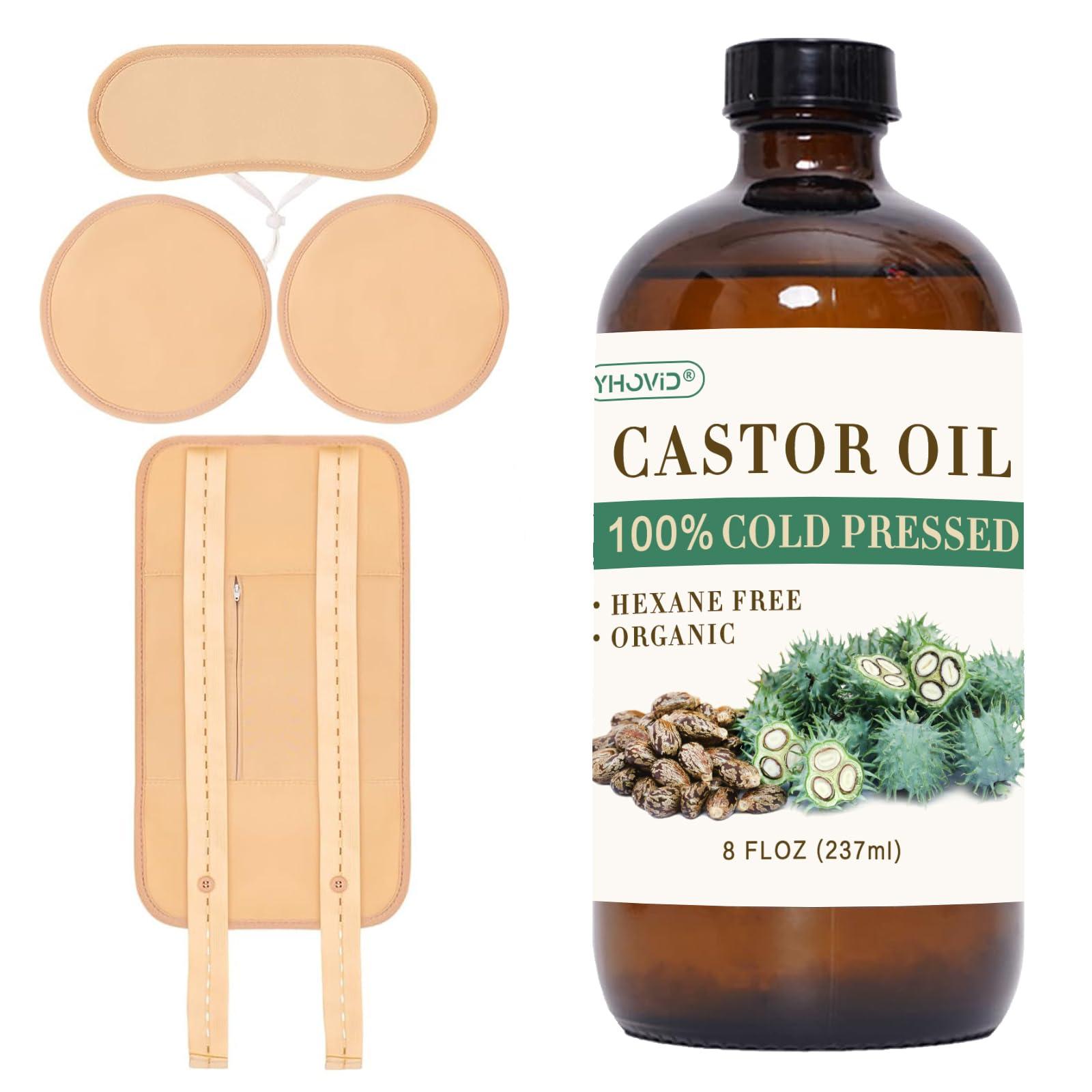 5 Pcs Castor Oil Pack Wrap, Castor Oil Organic Cold Pressed Unrefined Glass Bottle, Caster Oil Wrap for Stomach, Neck, Knee, Foot & Entire Body, Organic Cotton Reusable Pads Kit for Hot/Cold Compress