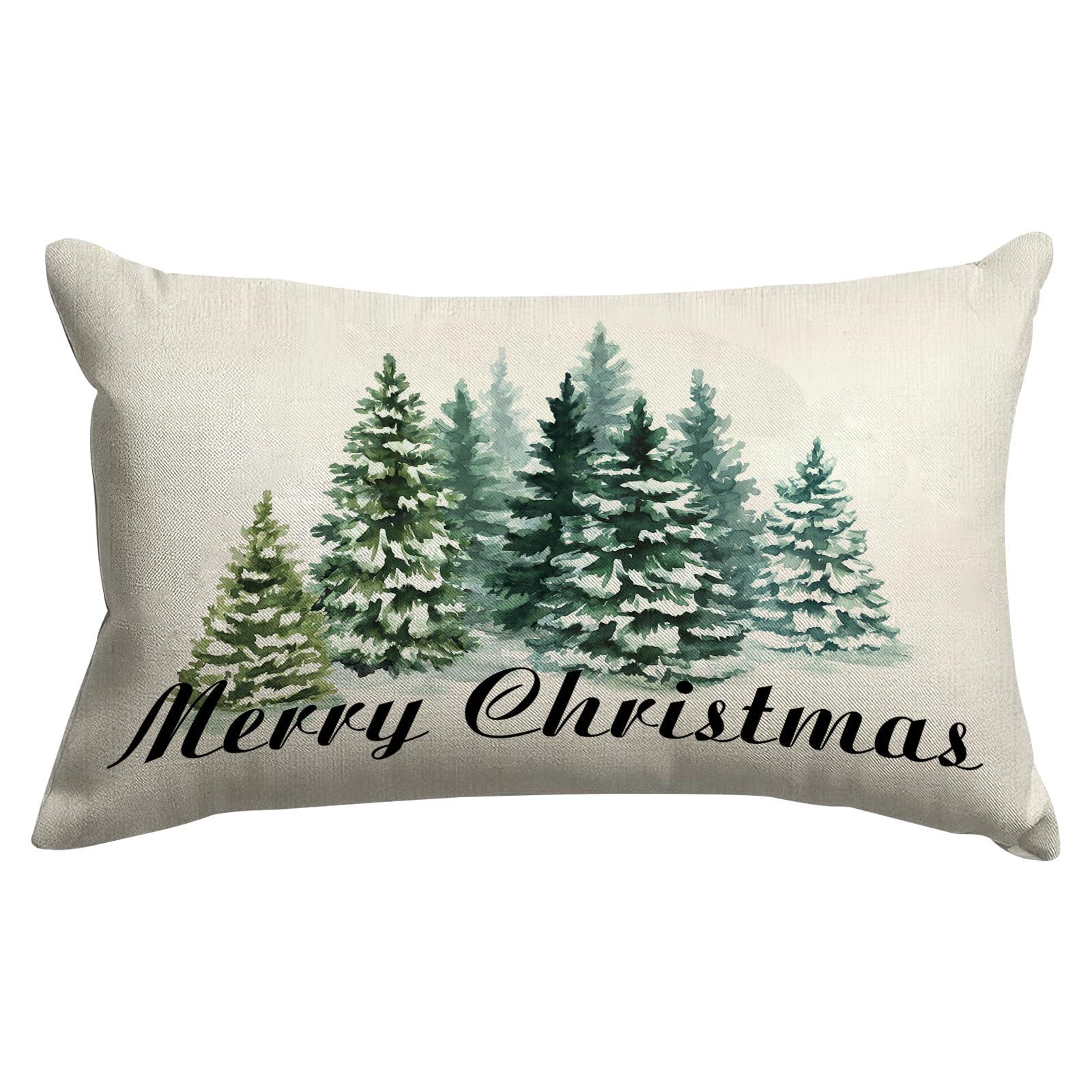 GOOESING Merry Christmas Pillow Covers 16x24 Inch Watercolor Green Christmas Tree Nature Forest Linen Decorative Throw Pillow Cover Cushion Case for Indoor Outdoor Home Sofa Bedroom Living Room - Image 1