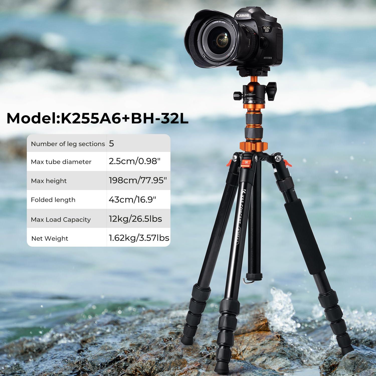 K&F Concept 78 inch/198cm Camera Tripod,3 Sections Central Axis Travel Tripod with 32mm Metal Ball Head Load Capacity 26.4 lbs/12KG for DSLR Cameras Indoor Outdoor Use - Image 2