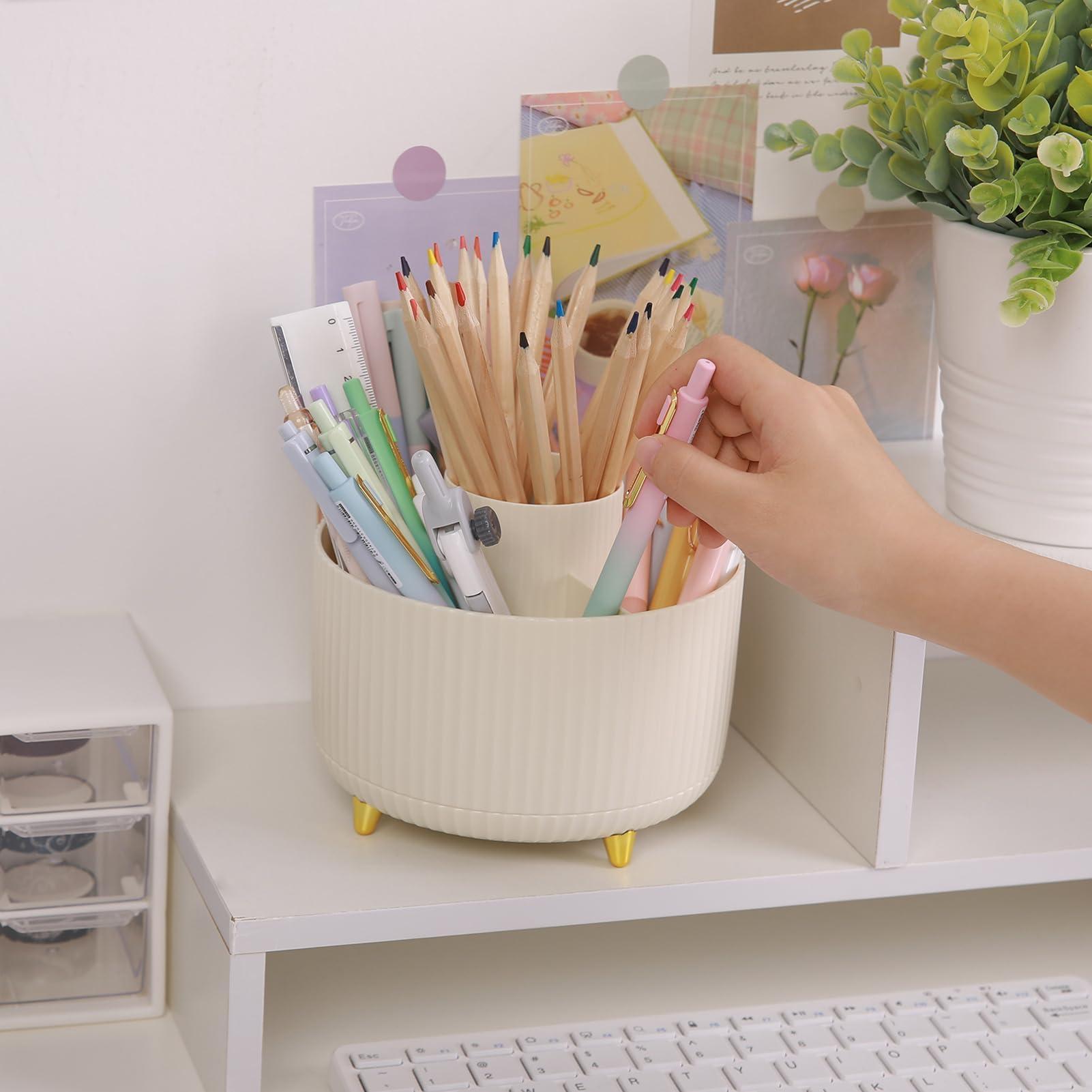 SKYDUE 360 Rotating Plastic Desk Pen Organizer with 5 Slots, Dual-Purpose Art Supply Pencil Cup for Office, School, Home - Image 4