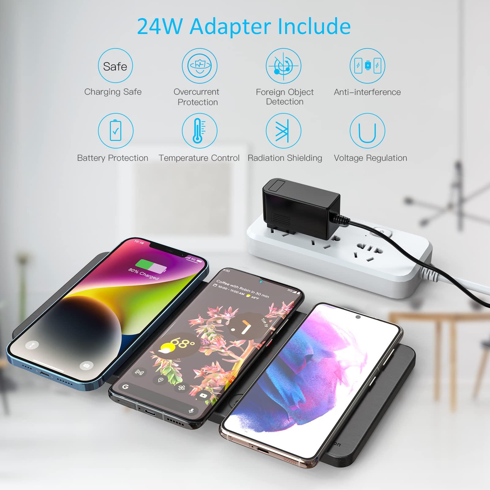 Wireless Charging Pad, ZealSound Ultra-Slim Triple Charger Station for Multiple 3 Devices & New Airpods Ultra Slim PU Leather Wireless Charging Mat W/AC Adapter for Smartphone Phone (Black) - Image 3