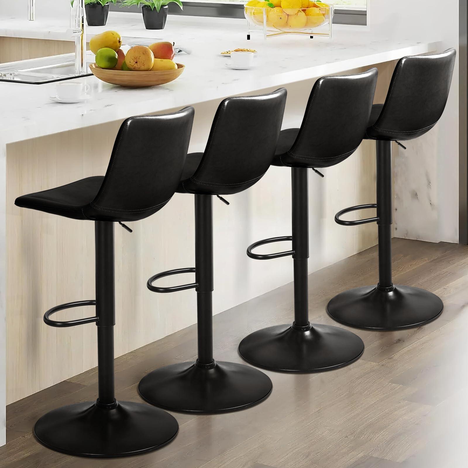 LEMBERI Bar Stools Set of 4, Modern Swivel Bar Chairs Barstools Counter Height with Backrest, Adjustable Faux Leather Upholstered Bar Stool for Kitchen Island (Black)