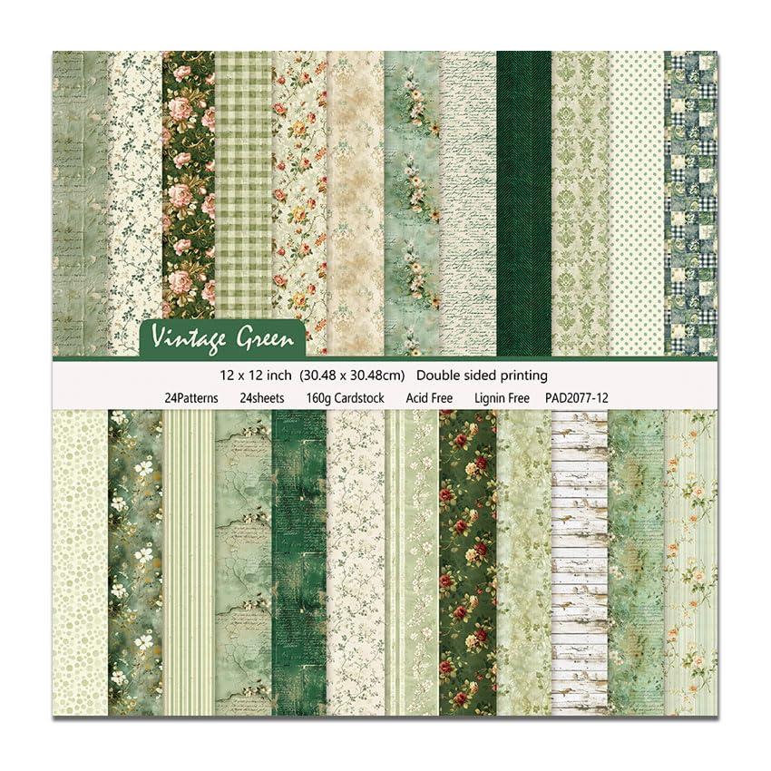 Kauzon 24 Sheets Scrapbook Paper Vintage Green Floral Pattern Double Sided Printing Craft Paper for DIY Card Making Scrapbook Wedding Photo Album Home Décor-12 x 12 Inches - Image 3