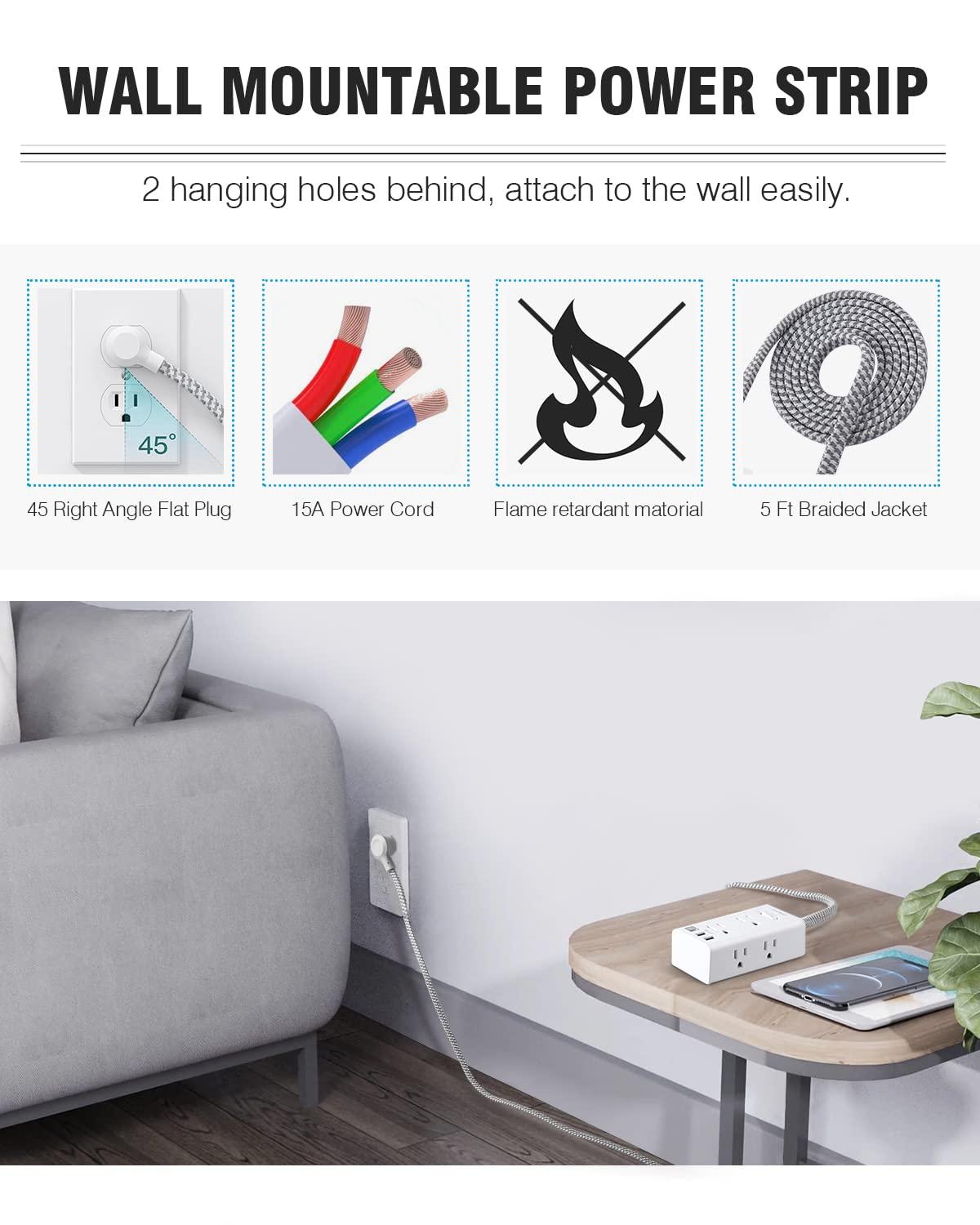 Power Strip Surge Protector - One Beat 6 Widely Outlets with 3 USB Ports (1 USB C), 5 Ft Extension Cord Flat Plug, Wall Mount Outlet Extender Small Power Strip for Travel Home Office College Dorm Room - Image 8