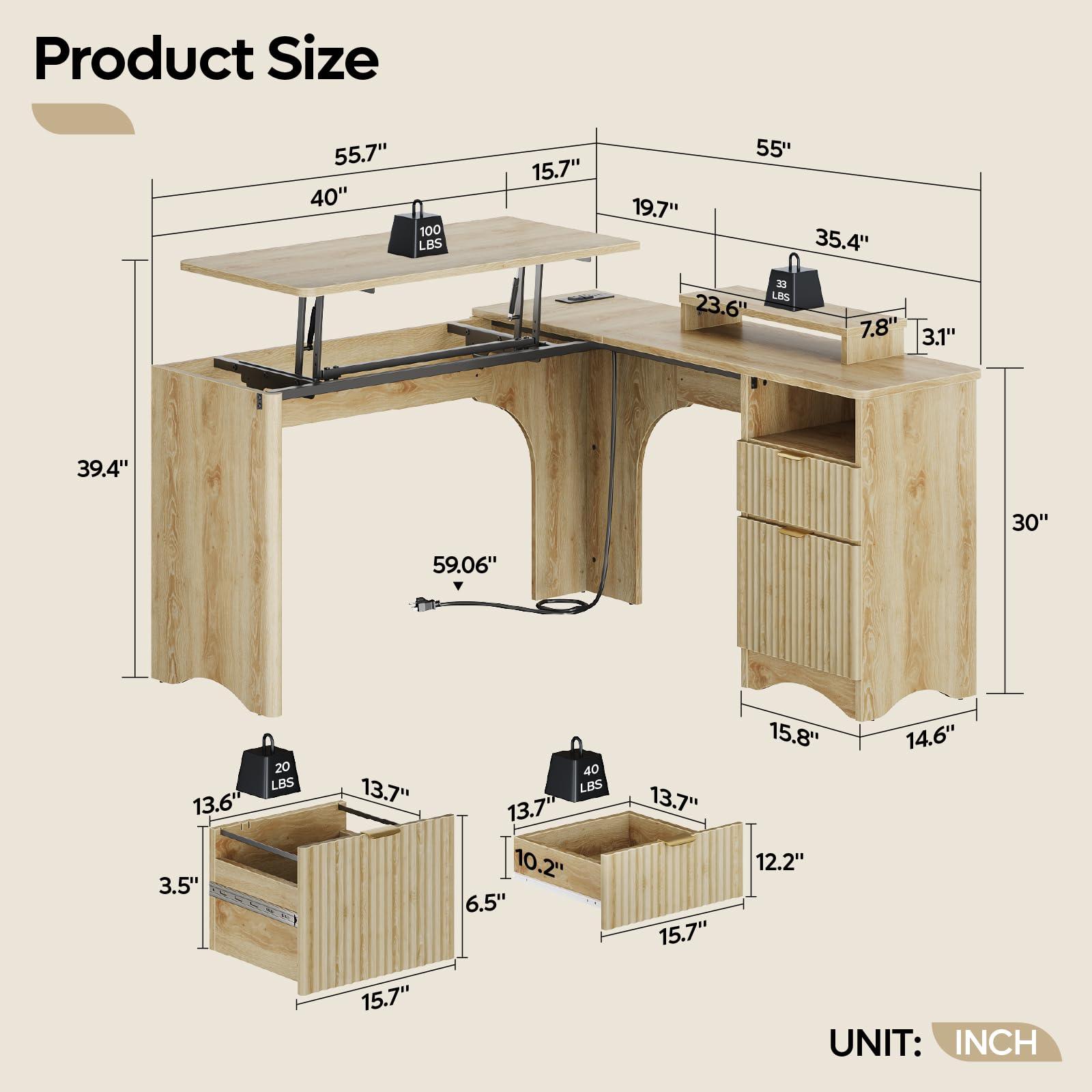 Bestier L Shaped Desk with Lift Desktop, 55 inch Corner Desk with Fluted Panel Deisgn Drawers, Modern Office Desk with File Drawer (Natual Oak, 55'' x 55'' Lift Top) - Image 3