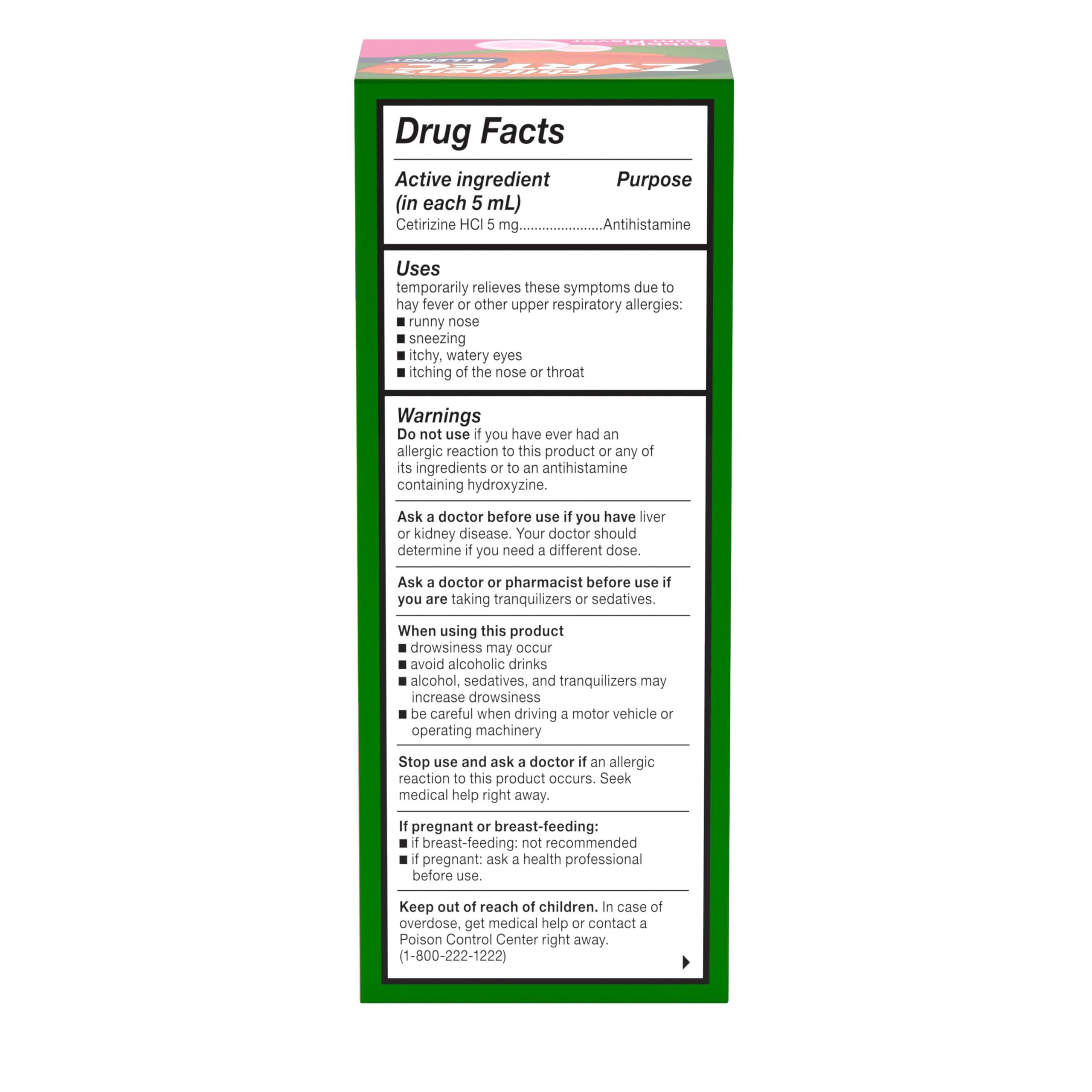 Zyrtec Children's 24 Hour Allergy Relief Syrup, Cetirizine Hydrochloride Antihistamine, Allergy Medicine for Indoor & Outdoor Allergy Relief, Dye- & Sugar-Free, Bubble Gum, 4 fl. oz - Image 7