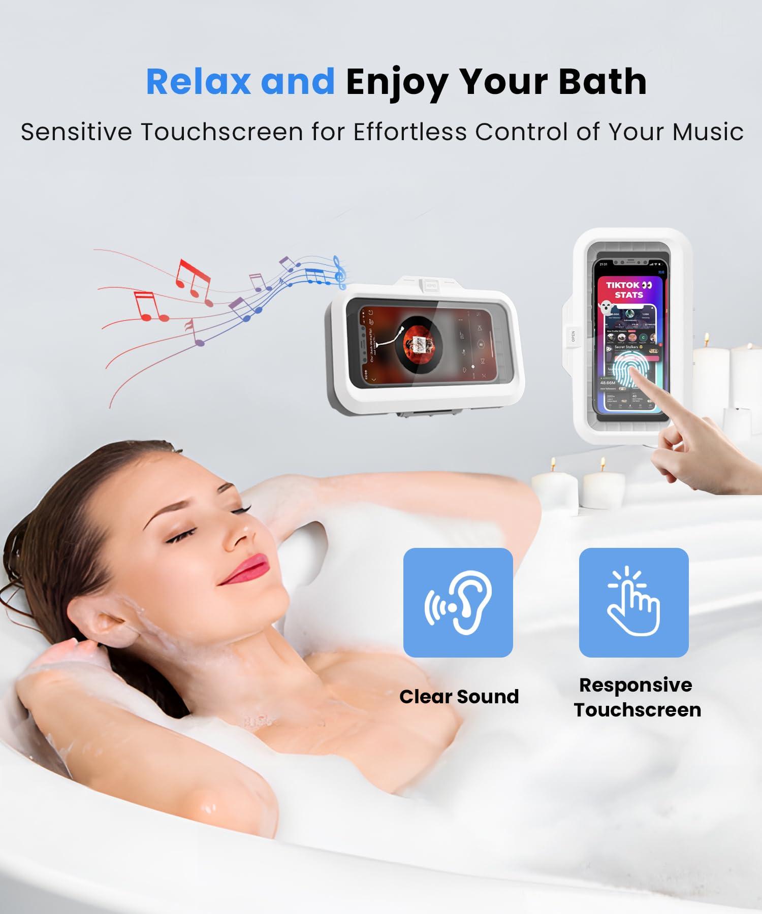 URROY Shower Phone Holder Waterproof One-Touch Open Shower Phone Case Anti-Fog & Sensitive Touchscreen Bathroom Wall Phone Mount Stand Universal Fit for iPhone & Smartphones Gift for Men Women White - Image 5