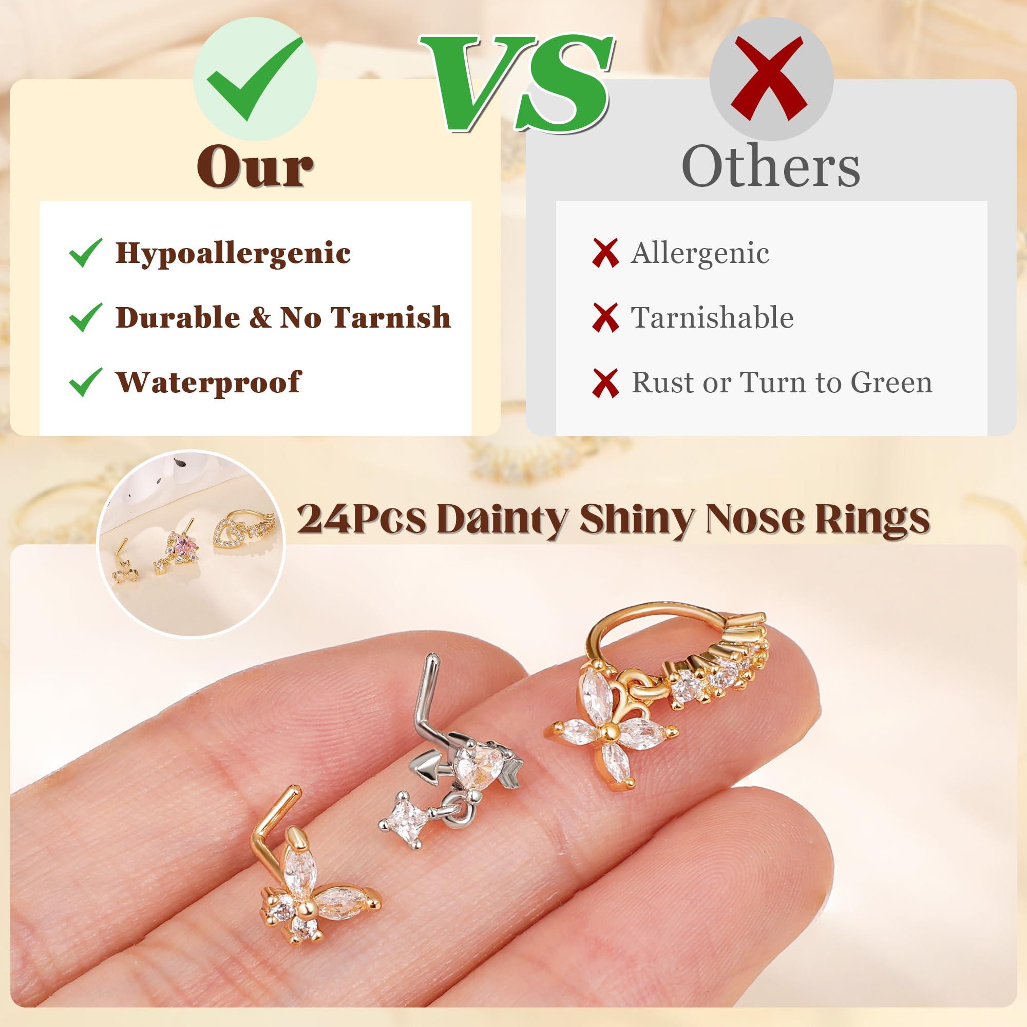 LOAYHOAY 24Pcs 20G Surgical Steel Dangle Nose Ring for Women L Shaped Dangling Nose Stud Dainty Nose Hoop Set CZ Flower Leaf Heart Moon Star Butterfly Dangle Nose Piercing Jewelry - Image 4