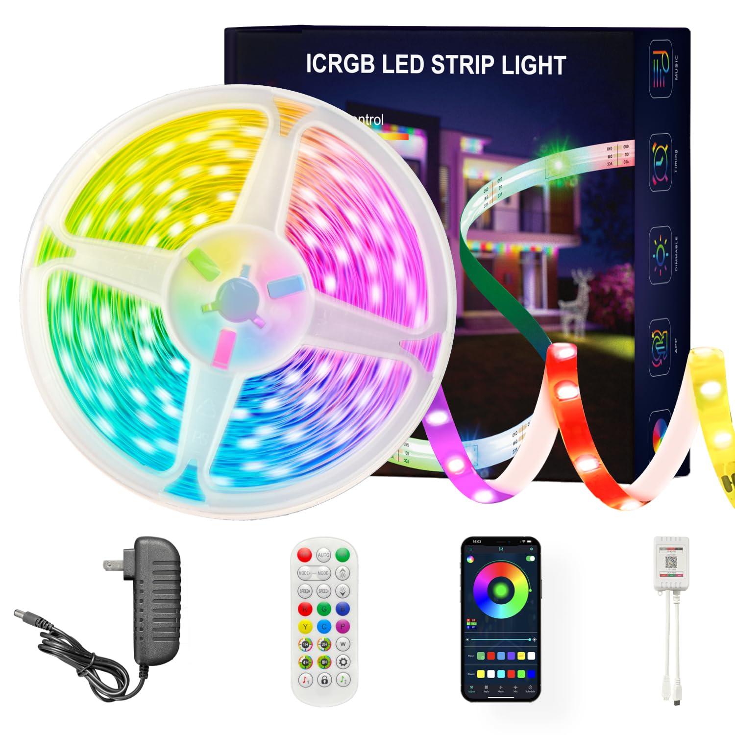 ERBTY Led Lights for Bedroom, IC+RGB 65.6FT Strip Lights, 24Key Remote with App Control, Music Sync Color Changing for Room Decor Party