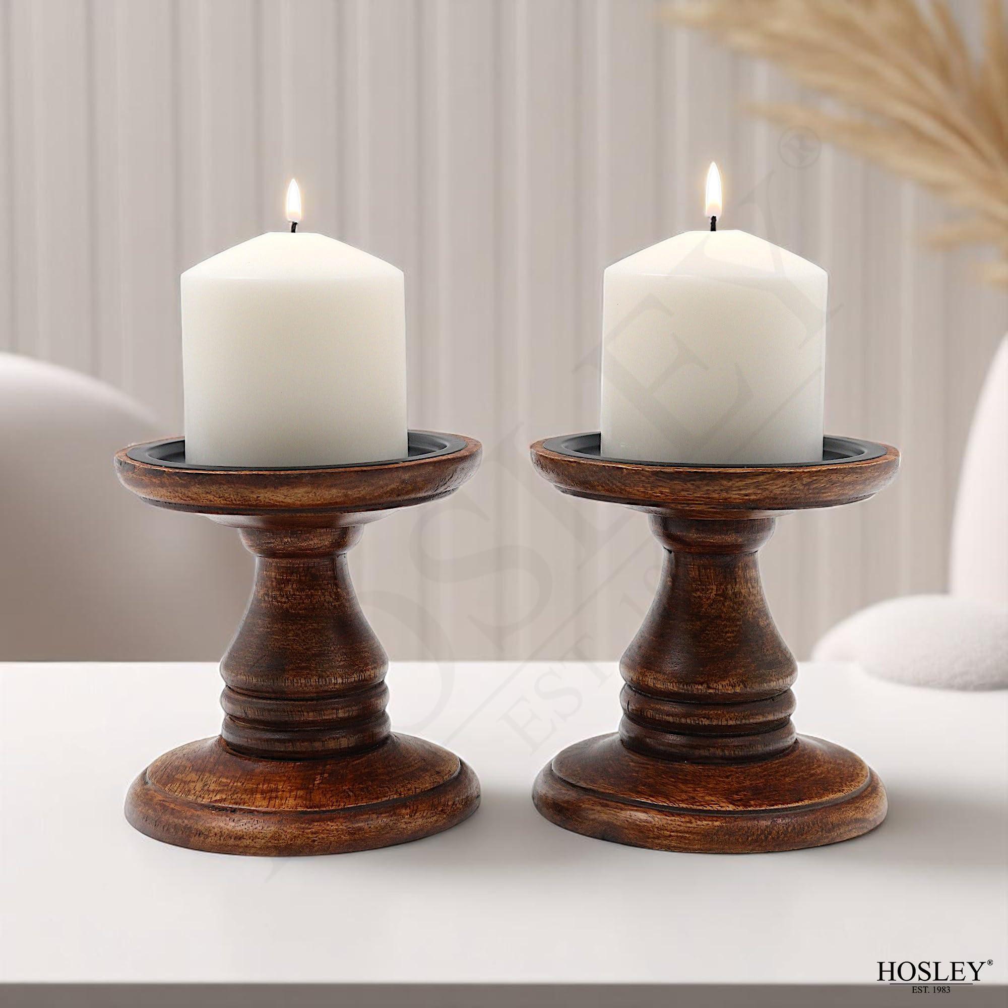 Hosley Set of 2 Brown Wood Pillar Candle Holders 5 Inch High Ideal Gift for Weddings Bridal Party Spa Reiki Meditation Votive LED Pillar Candle Gardens - Image 2