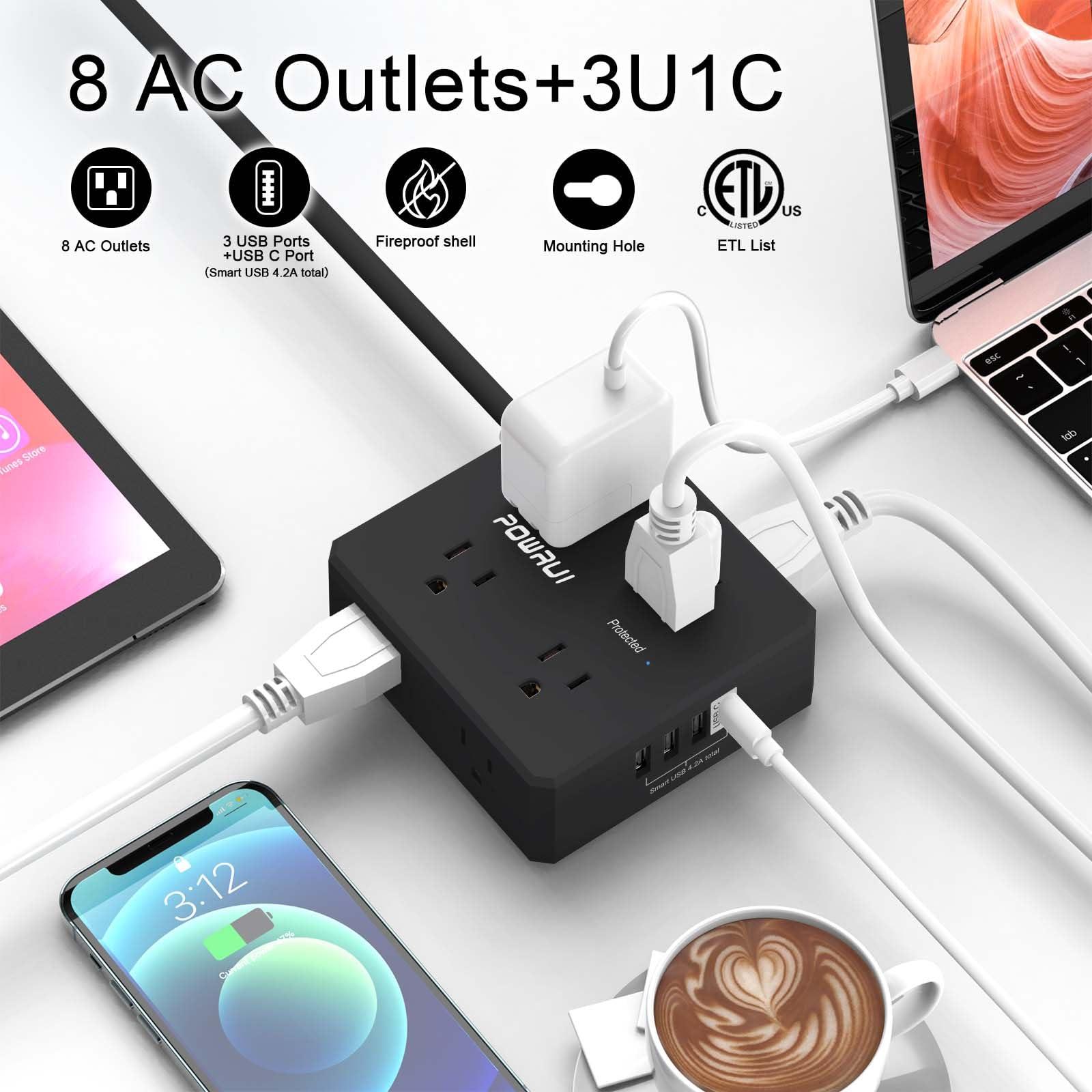 Surge Protector Power Strip - 6 Ft Flat Plug Extension Cord with 8 Widely Outlets and 4 USB Ports(1 USB C), 3 Side Outlet Extender for Home Office, Black, ETL Listed - Image 2