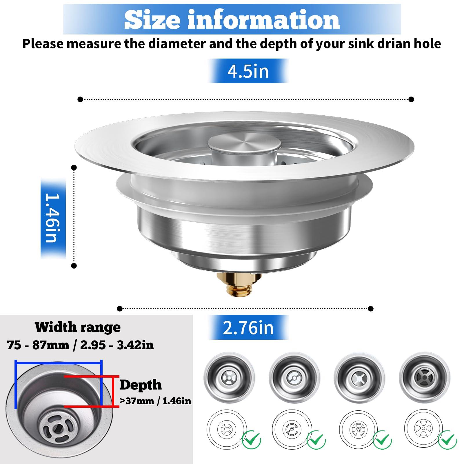 Upgraded 3 in 1 Kitchen Sink Drain Strainer Stopper, Brushed Stainless Steel SUS 304 Pop Up Sink Drain Stopper for Standard 3-1/2 Inch Drain Anti-Clogging Odor Prevention - Image 2