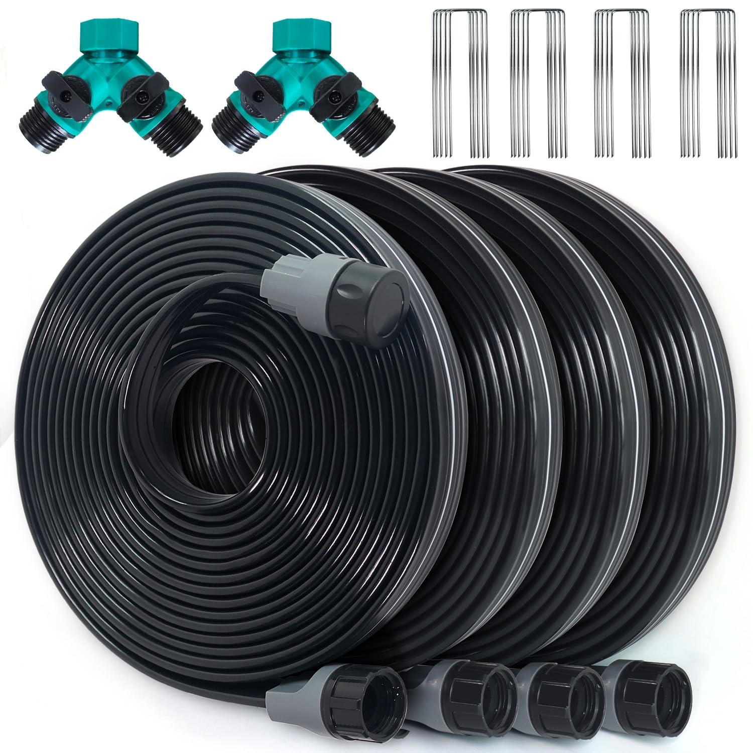 Apgooface Sprinkler Hose with Holes, Flat Soaker Hose 100 Ft (25 ft 4pack) with Garden Staples and Splitters, Watering Drip Irrigation Hoses for Lawn, Vegetable and Garden Beds (100 ft)