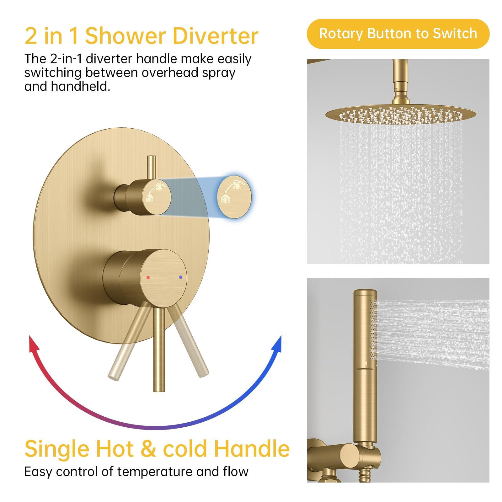 BESy Shower System with 10 Inch Round Rain Shower Head and Handheld Wall Mounted, High Pressure Rainfall Shower Faucet Fixture Combo Set with 2 in 1 Handheld Showerhead for Bathroom, Brushed Gold - Image 4