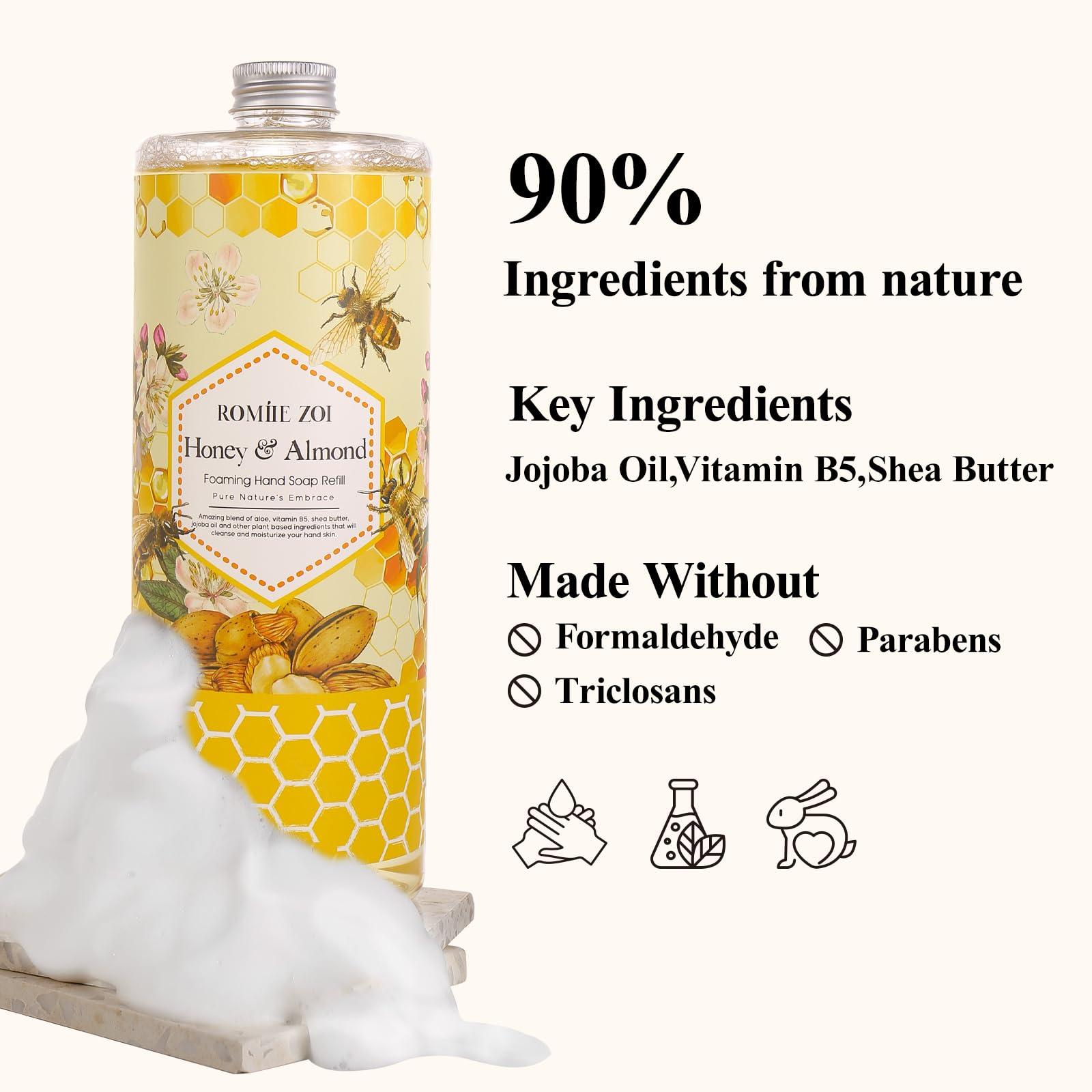 Natural Honey & Almond Scented Foaming Hand Soap Refill Gift Set - 3 Pack with Dispenser, Non-Toxic and Biodegradable Formula, Moisturizing Essential Oils for Sensitive Skin (33.8 Fl Oz x 3) - Image 6