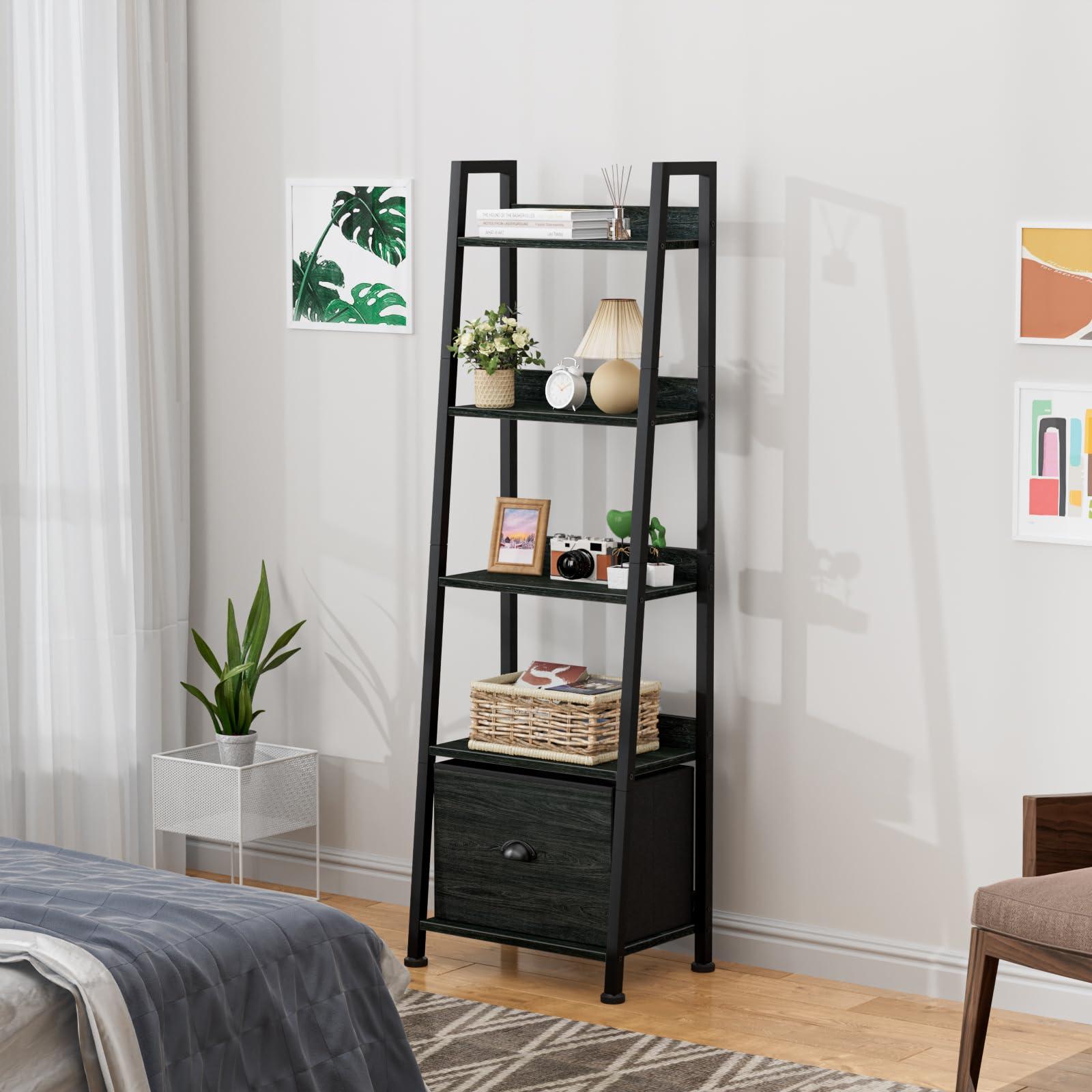 Furologee 5-Tier Ladder Shelf, Narrow Ladder Bookshelf with Drawer, 55.6”Tall Industrial Bookcase Storage Rack Organizer, Freestanding Storage Shelve for Living Room, Home Office, Bedroom, Black Oak - Image 7