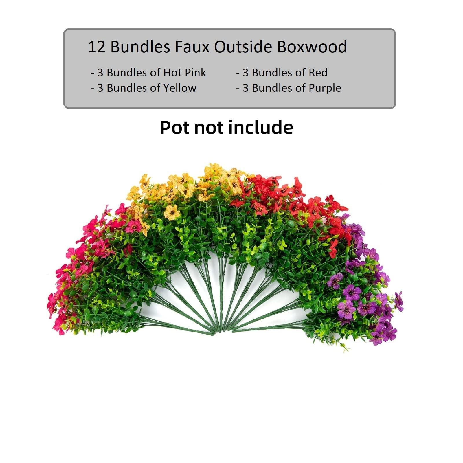 HyeFlora Artificial Flowers for Outdoor Indoor Garden Home Decoration, Faux Flower Daisy with Eucalyptus Leaves Fake Plants Greenery Boxwood Porch Patio, 12 Bundles (Mix Pink Red Purple Yellow) - Image 4