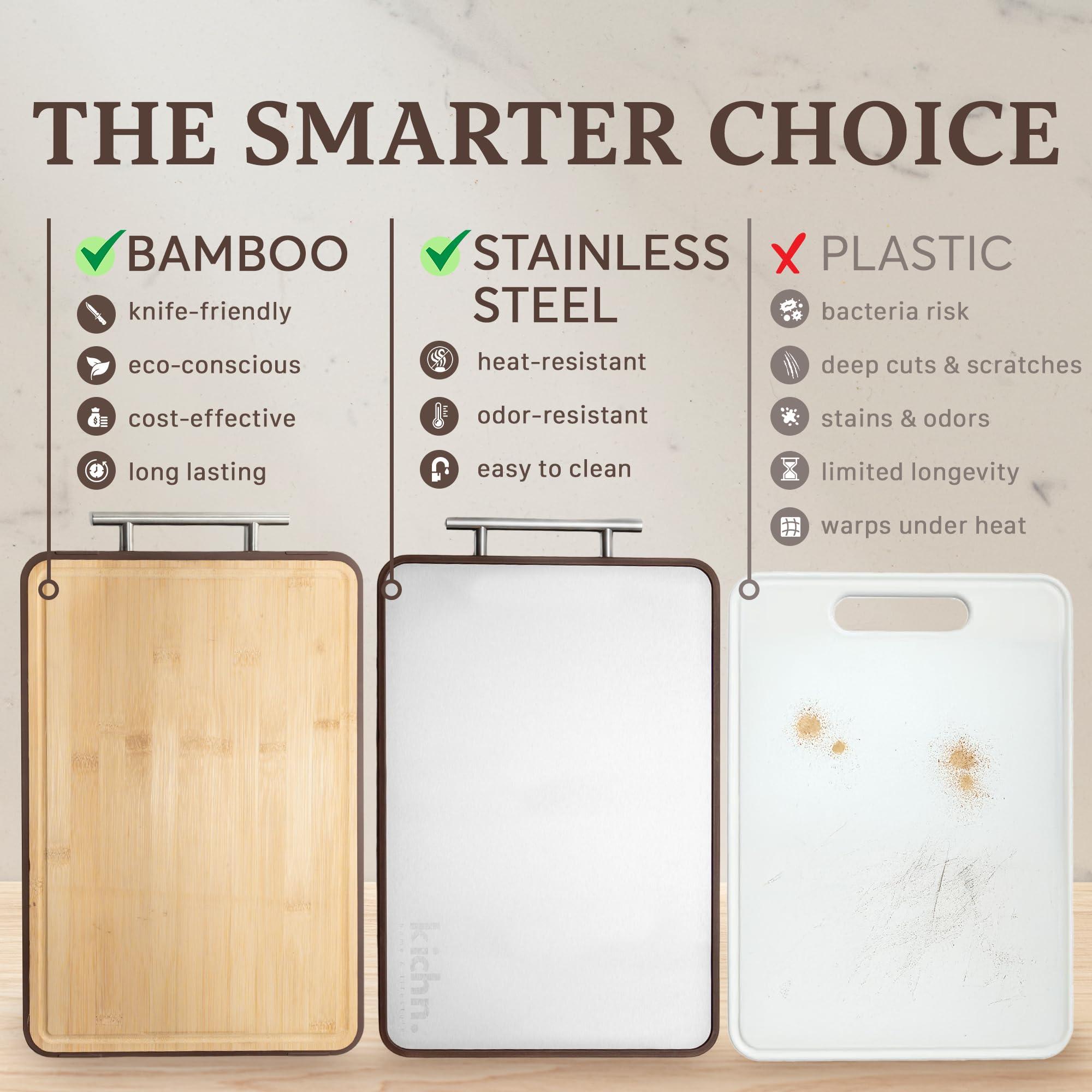 KICHN. Double-Sided Cutting Board – 304 Stainless Steel & Bamboo, Reversible Chopping Board for Meat & Vegetables, Non-Slip, Easy to Clean, Kitchen Essential - Image 3