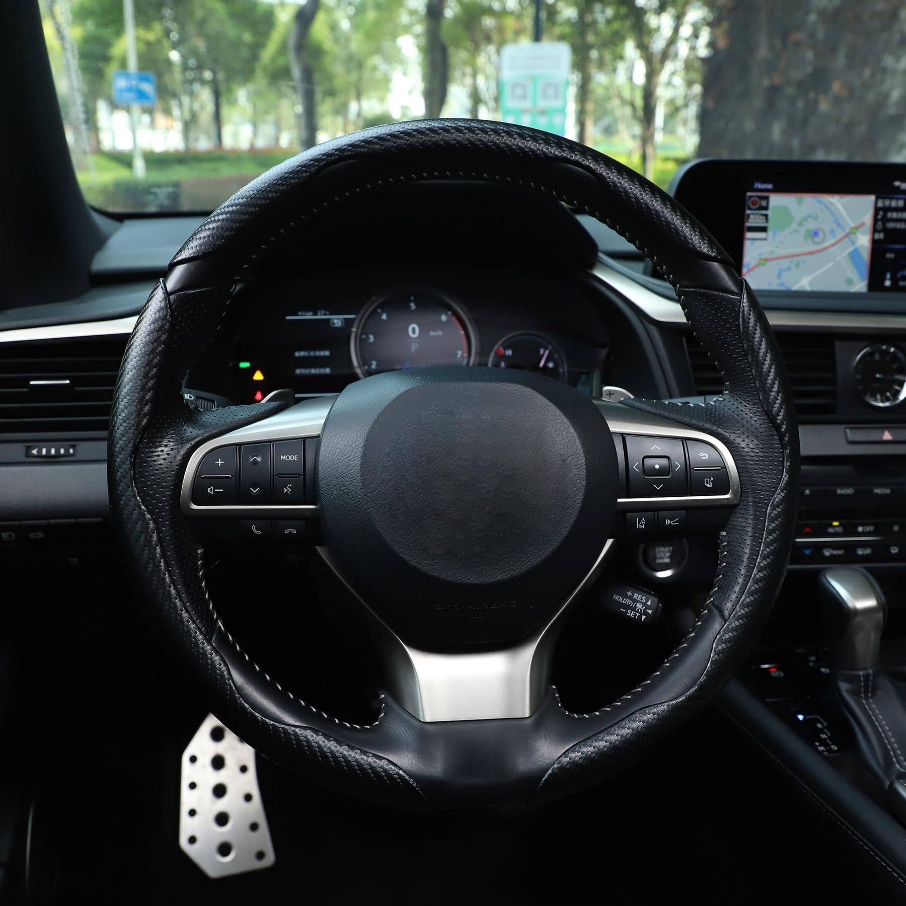 Amiss 3pcs Carbon Fiber Anti-Skid Steering Wheel Cover, Segmented & Butterfly Design, Universal 99% Car Wheel Cover Protector, Black - Image 6