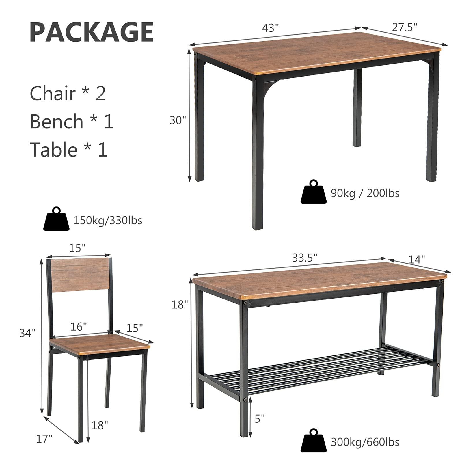 Giantex Dining Table Set for 4, 43" Kitchen Table and Chairs, Dining Bench with Metal Frame & Storage Rack, 4-Piece Modern Functional Desk Set for Dinette, Small Space, Apartment, Restaurant, Brown - Image 3
