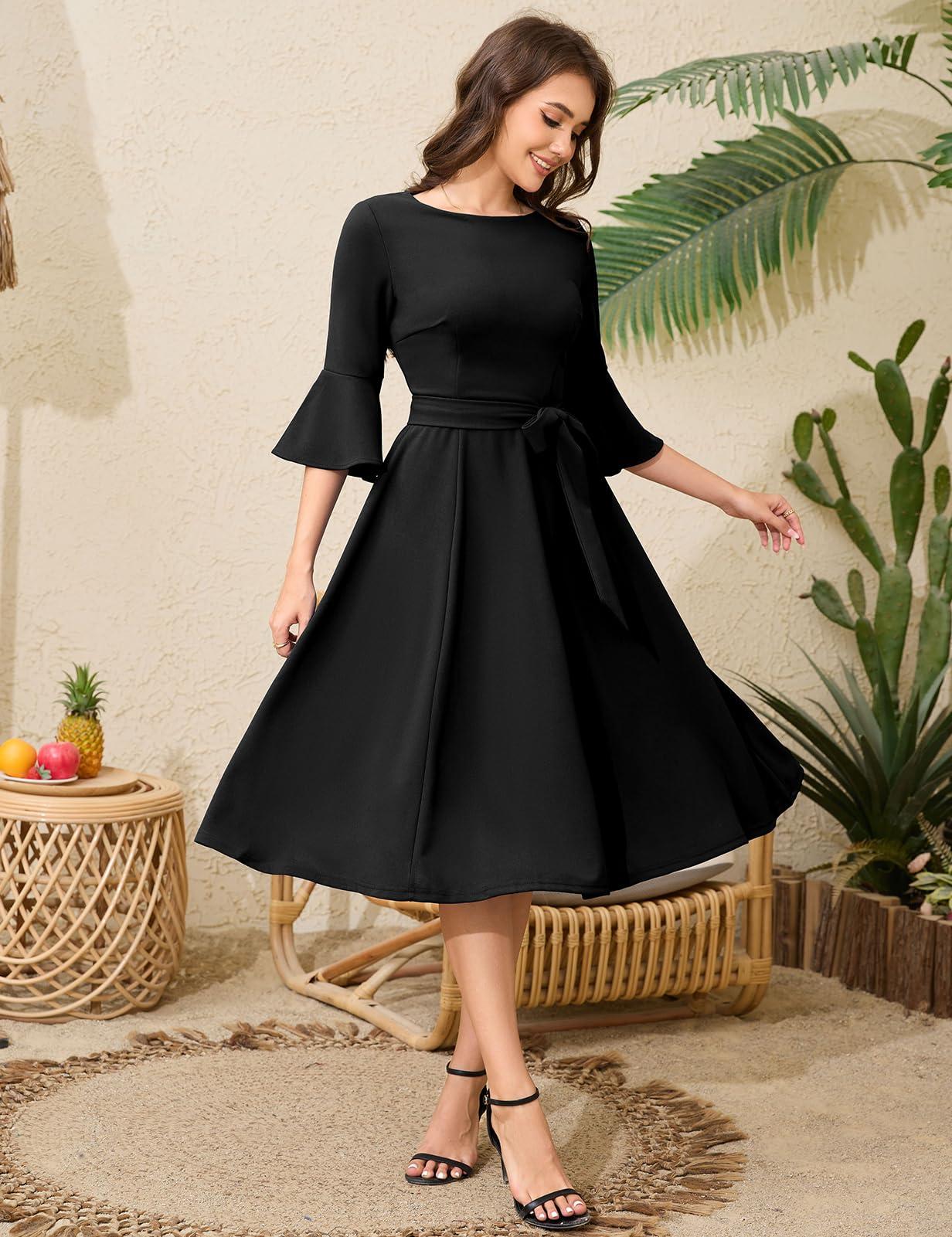 HomRain Women's Church Dresses for 2025 Wedding Guest Cocktail Tea Party Bell Sleeve Vintage Evening Graduation Dress - Image 2