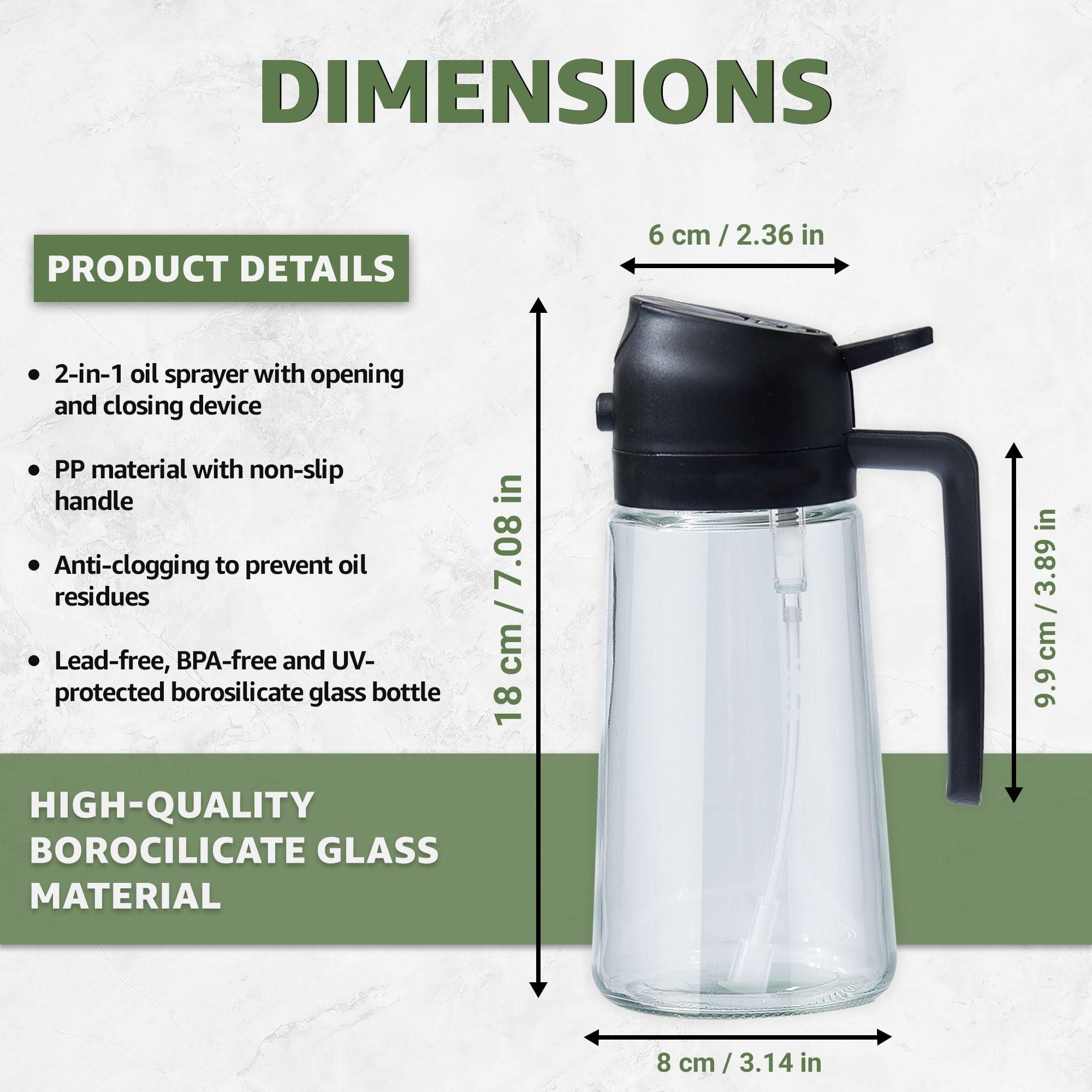 2-in-1 Olive Oil Dispenser and Oil Sprayer for Cooking | 470ml Glass Oil Bottle for Cooking, Frying, Salad and BBQ | Premium Bottle Sprayer for Air Fryer | Kitchen Gadgets with Cleaning Brush - Image 2