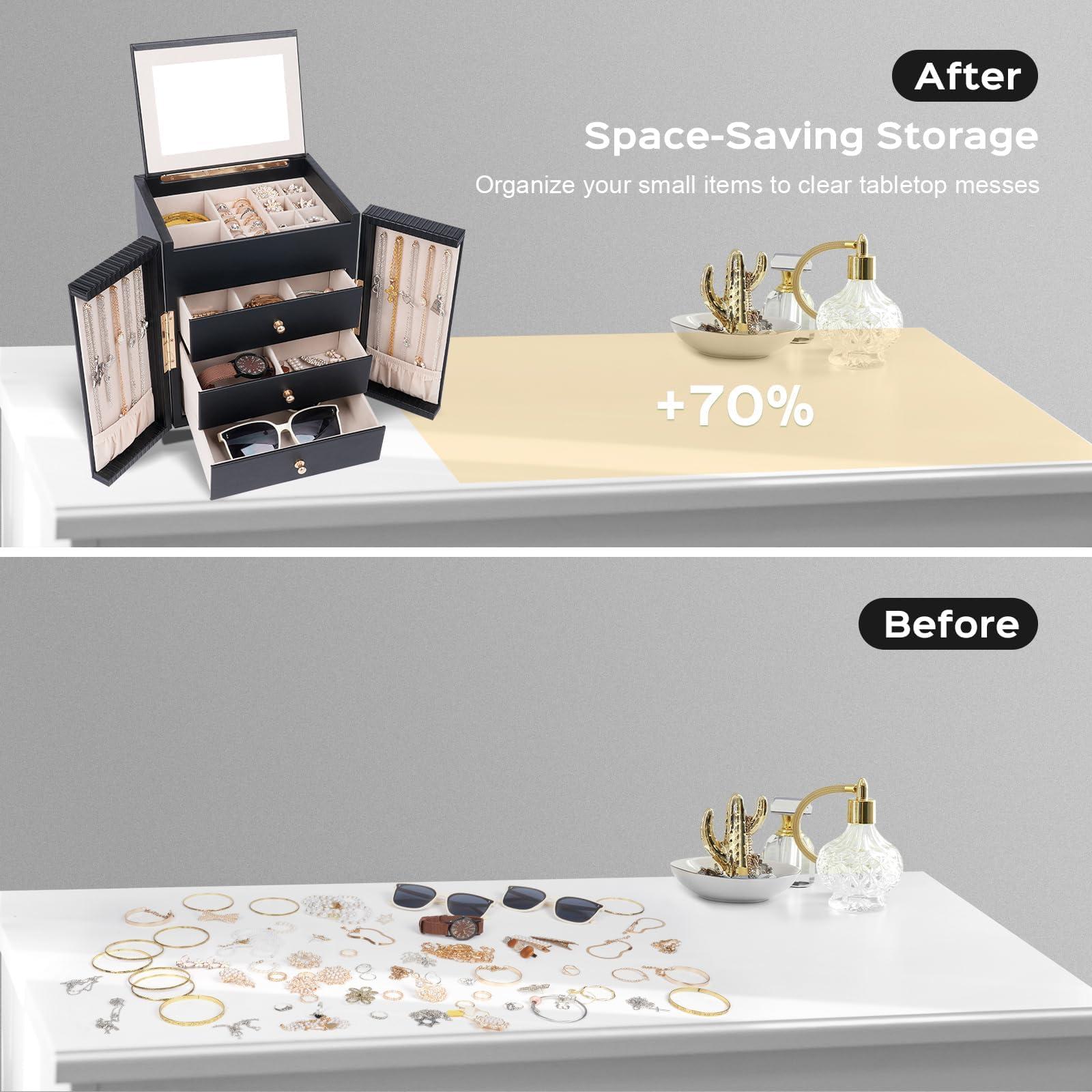 Dajasan Large Jewelry Box for Women, Jewelry Organizer Box with 3 Drawers, Jewelry Storage Organizer with Mirror for Necklace Ring Bracelet Watch, Gift Idea, 8.7 x 7.5 x 9.8 Inches (Black) - Image 7