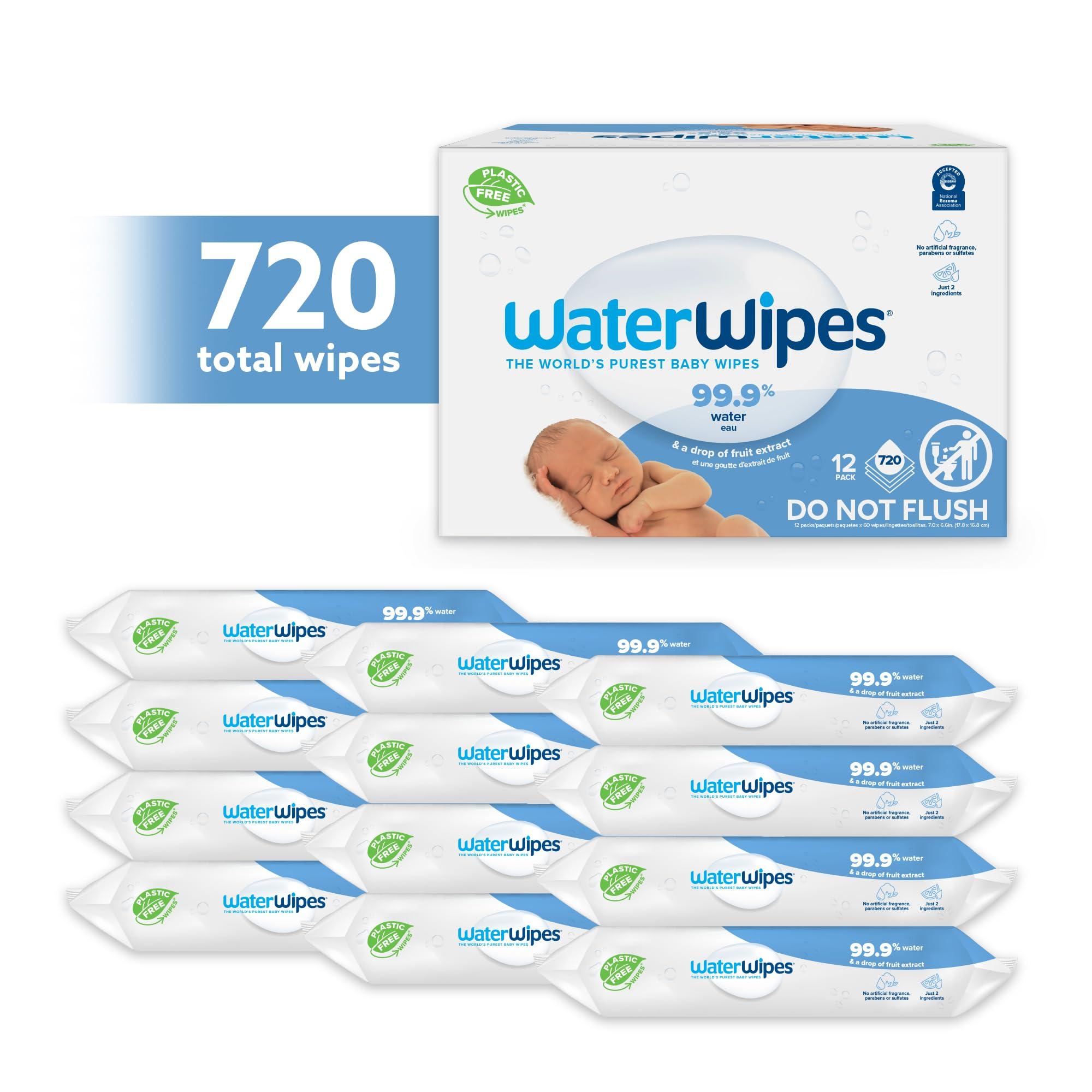 WaterWipes Plastic-Free Original Baby Wipes, 99.9% Water Based Wipes, Unscented & Hypoallergenic for Sensitive Skin, 60 Count (Pack of 12), Packaging May Vary - Image 2