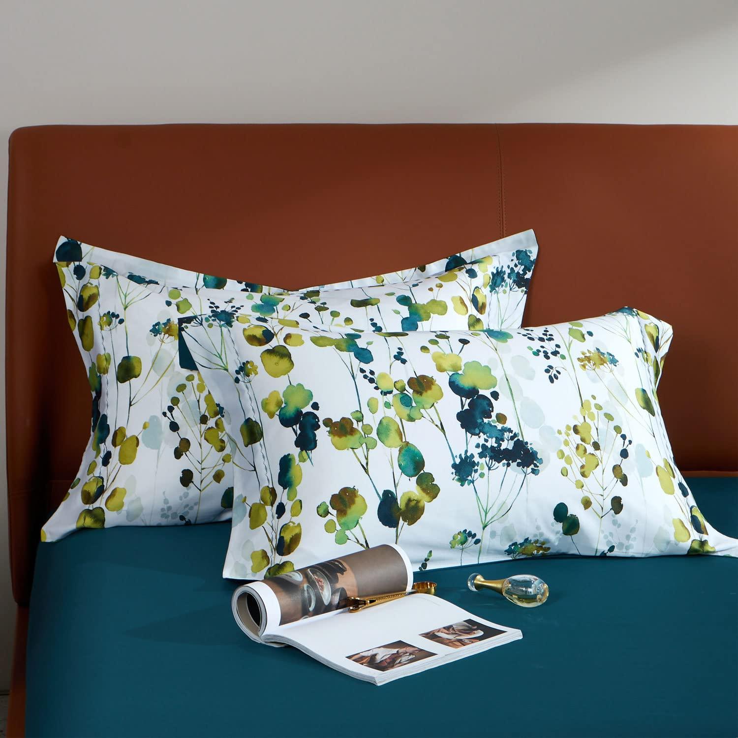 MILDLY 100% Long-Staple Cotton Pillow Shams - Ultra Soft Yellow Green Leaves Printed Envelope Pillowcases Queen Size 20"x26" 2pcs - Image 1