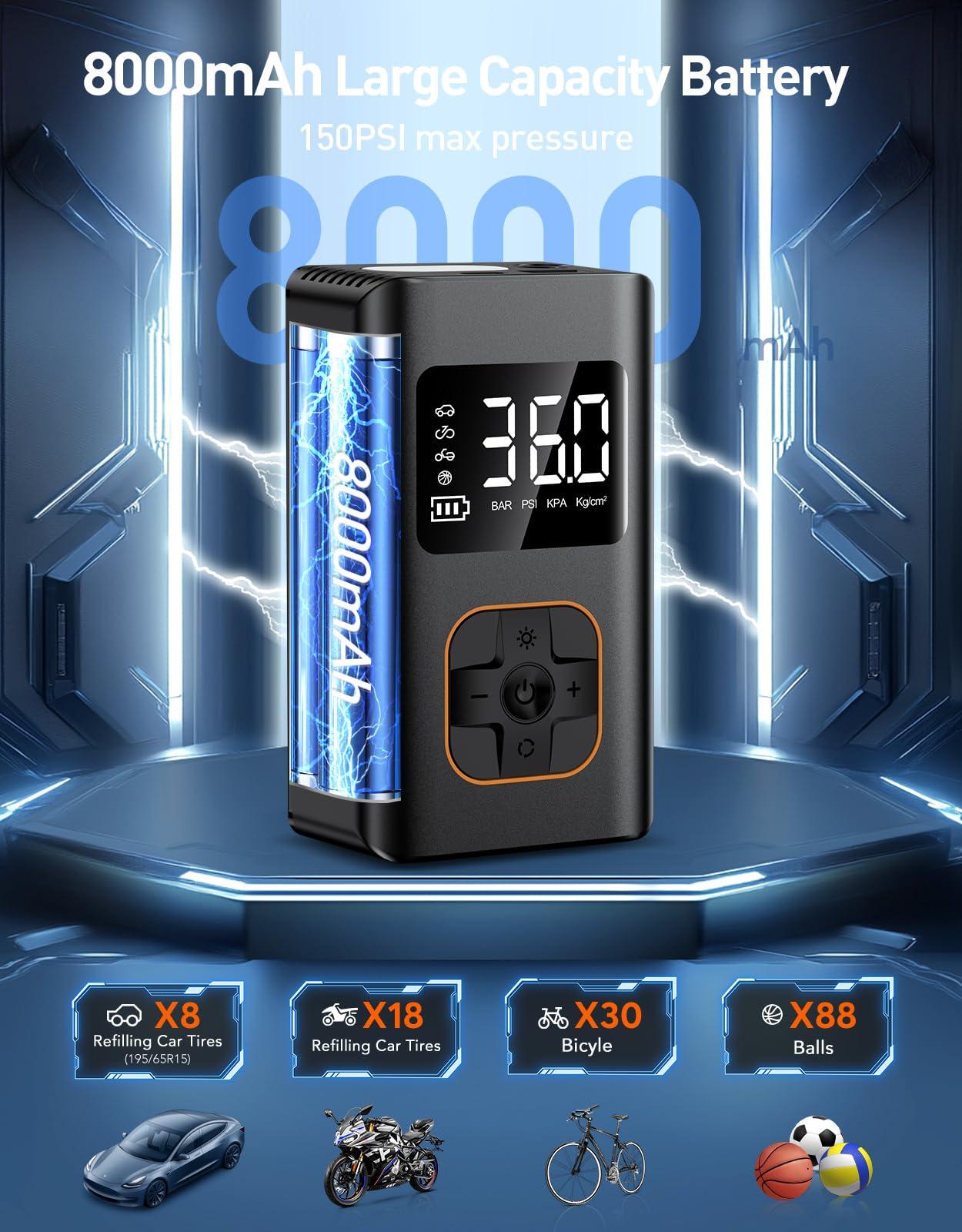 Tire Inflator Portable Air Compressor, 8000mAh Cordless Air Pump for Car Tires, 150 PSI Electric Bike Tire Pump with LED Light and Digital Pressure Gauge for Motorcycle, Auto, Ball, Bicycle - Image 4