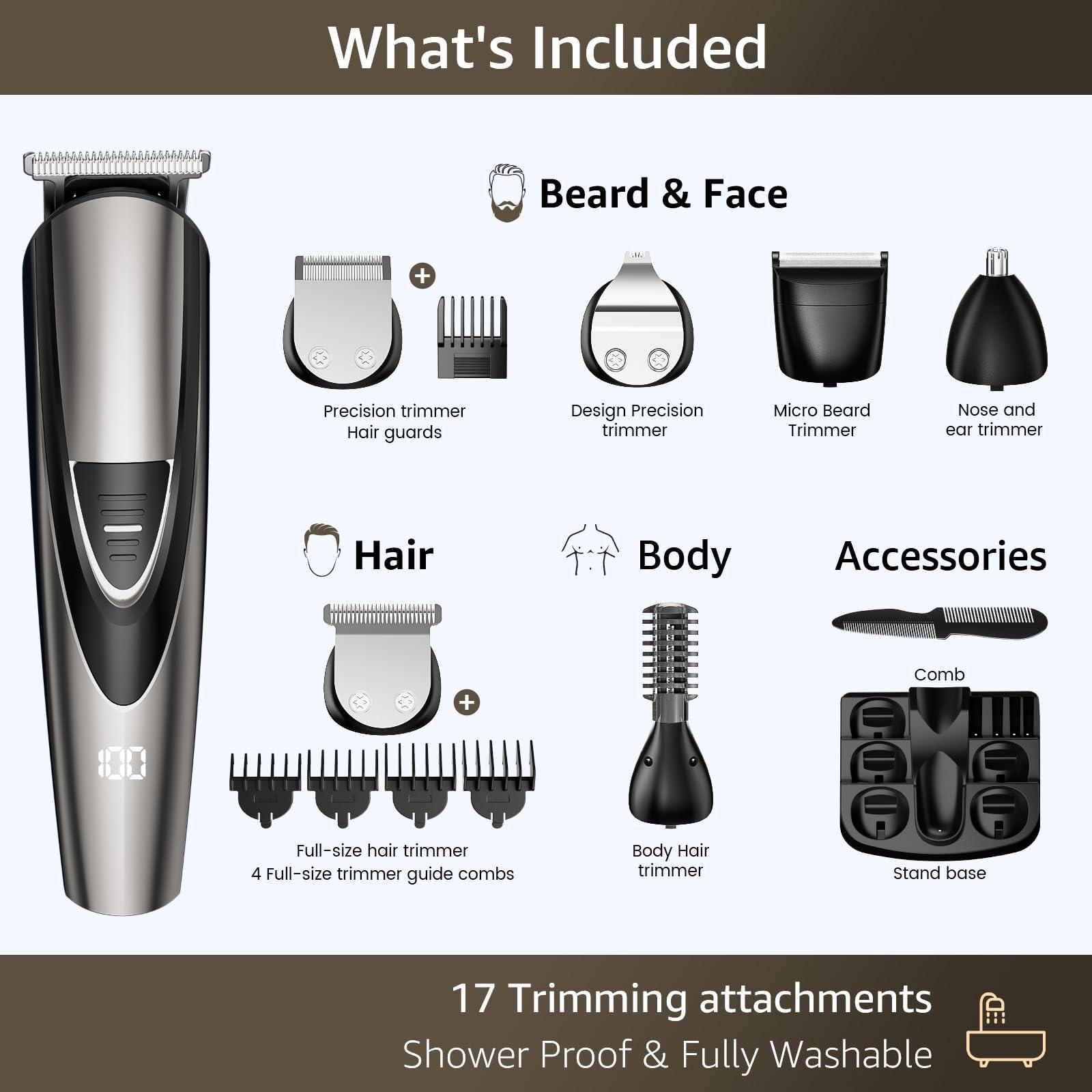 Beard Trimmer for Men SHPAVVER,17-Pc Set Rechargeable Hair Clippers Kit with Safety Lock,Mens Grooming Kit for Hair Beard Body & Nose,Gifts for Men - Image 6