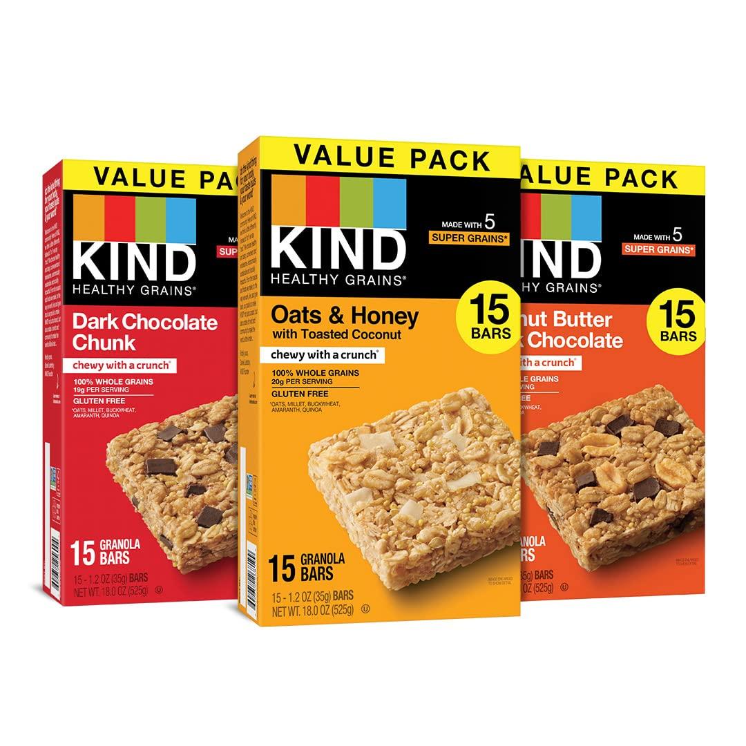 KIND Healthy Grains Bars, Variety Pack, Dark Chocolate Chunk, Oats & Honey, Peanut ButterDark Chocolate Snacks, Gluten Free, 1.2 OZ, 45 Count