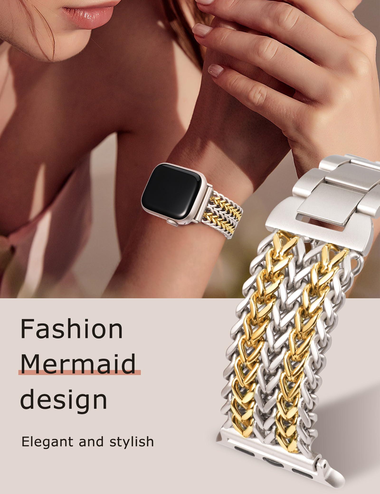 Minyee Compatible with Apple Watch Band 41/40/38/44/45/46/49/42mm Women, Dressy Stainless Steel Metal Chain Strap Designer Starlight Link Bracelet Wristband for iWatch Series 10 9 8 7 6 5 4 Ultra SE - Image 5